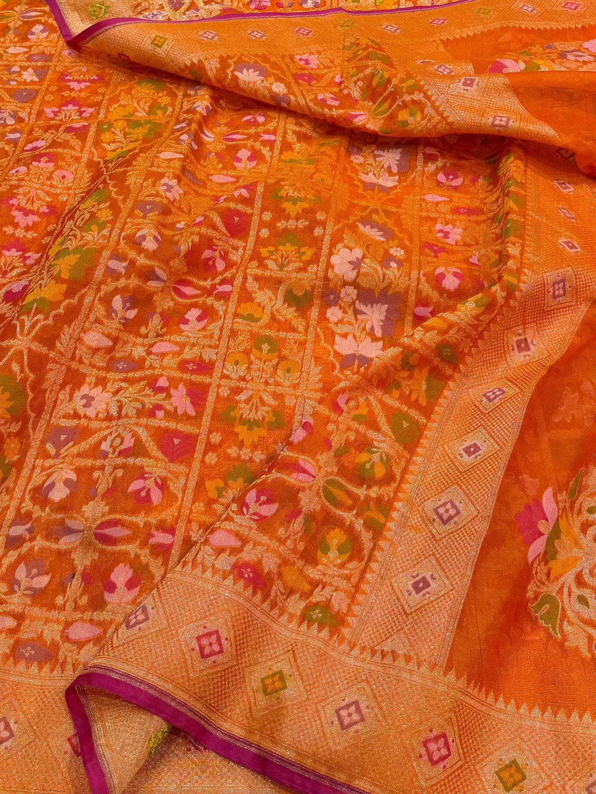 Prebook | Fanta Orange Pure Handloom Banarasi Ektara Kora Jamdani Saree