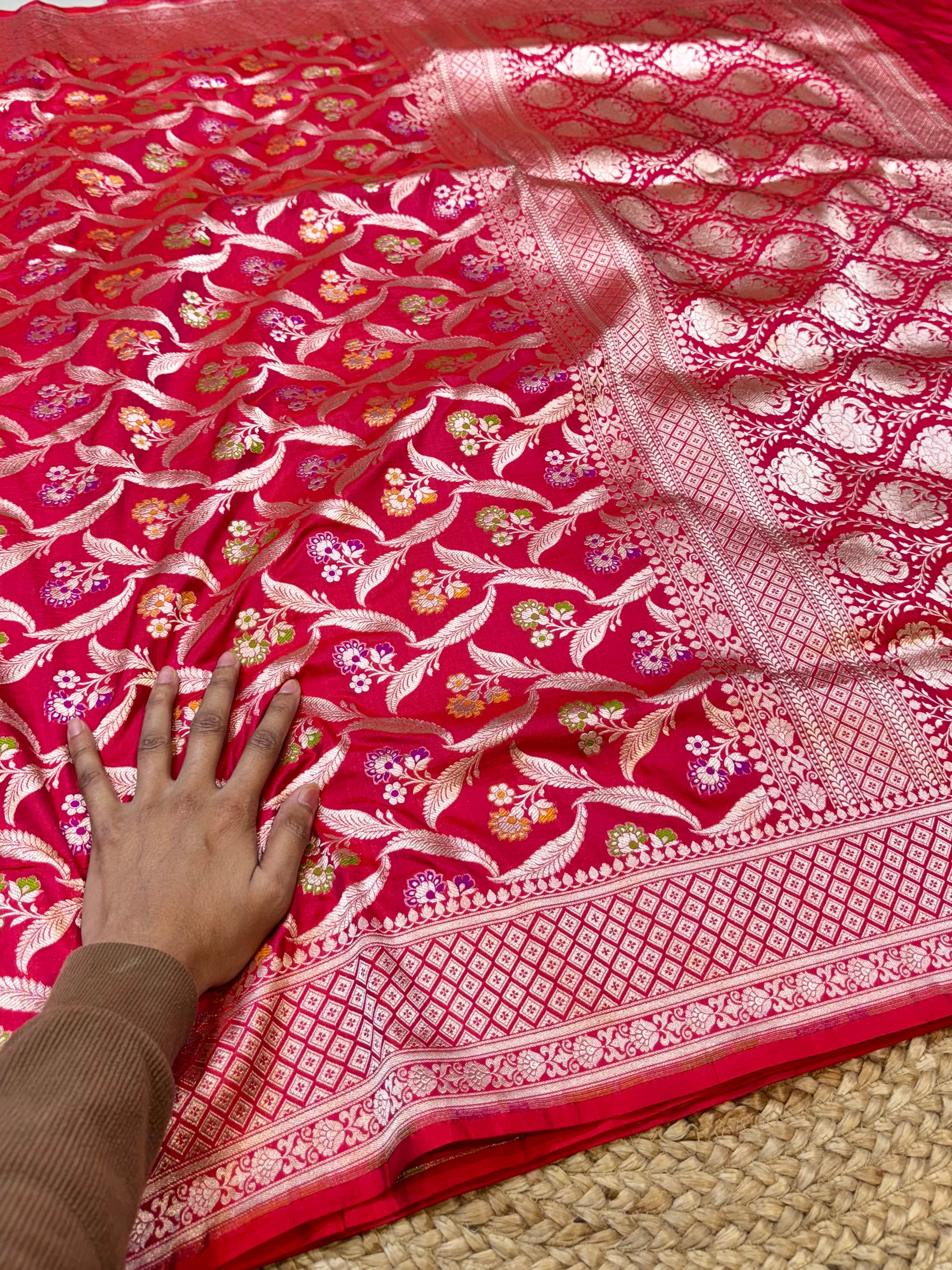 Strawberry Pink 100% Pure Banarasi Katan Silk Meenakari Saree