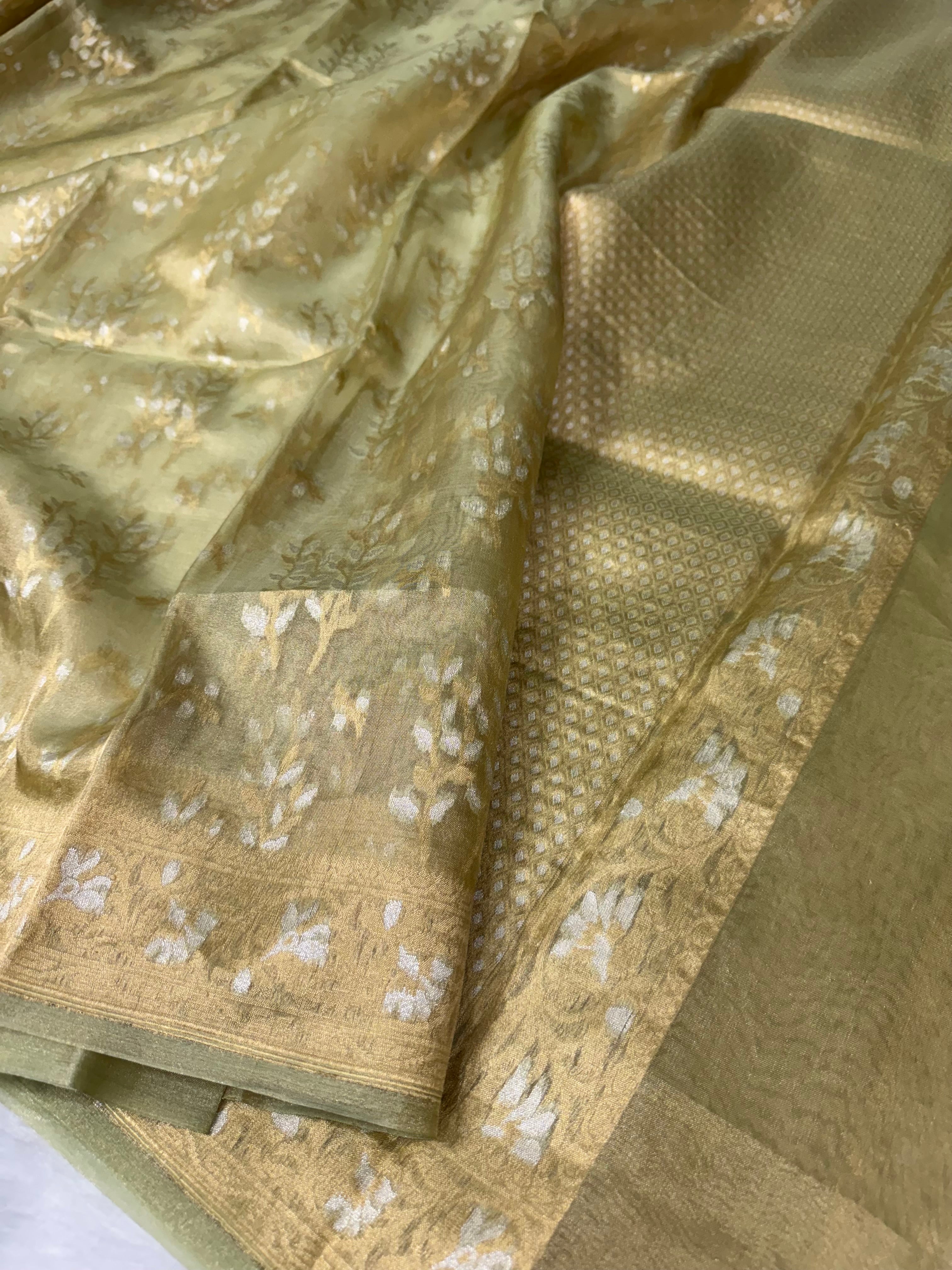 Diamond Green 100% Pure Tissue Silk Banarasi Partywear Saree