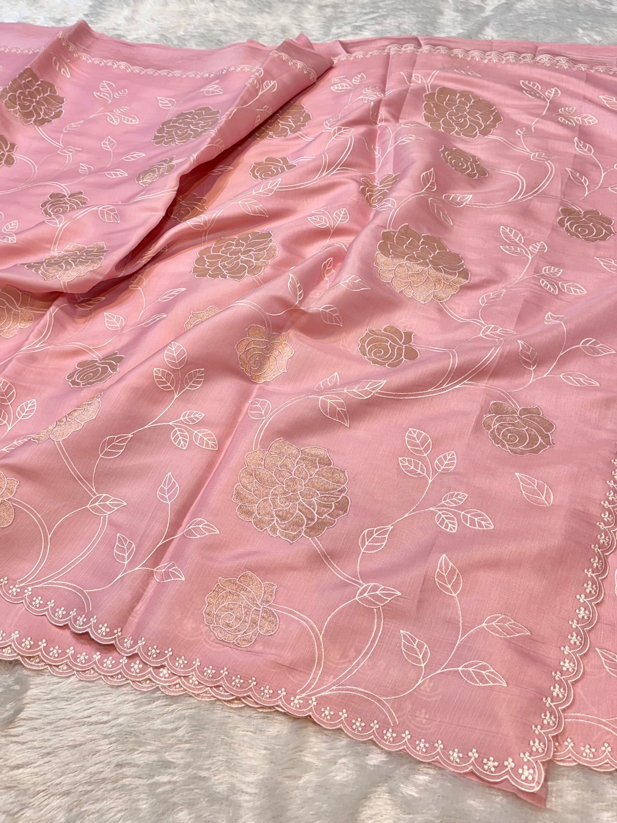Pink Mango Silk Partywear Banarasi Embroidered Jaal with Tissue Applique Lightweight Sarees