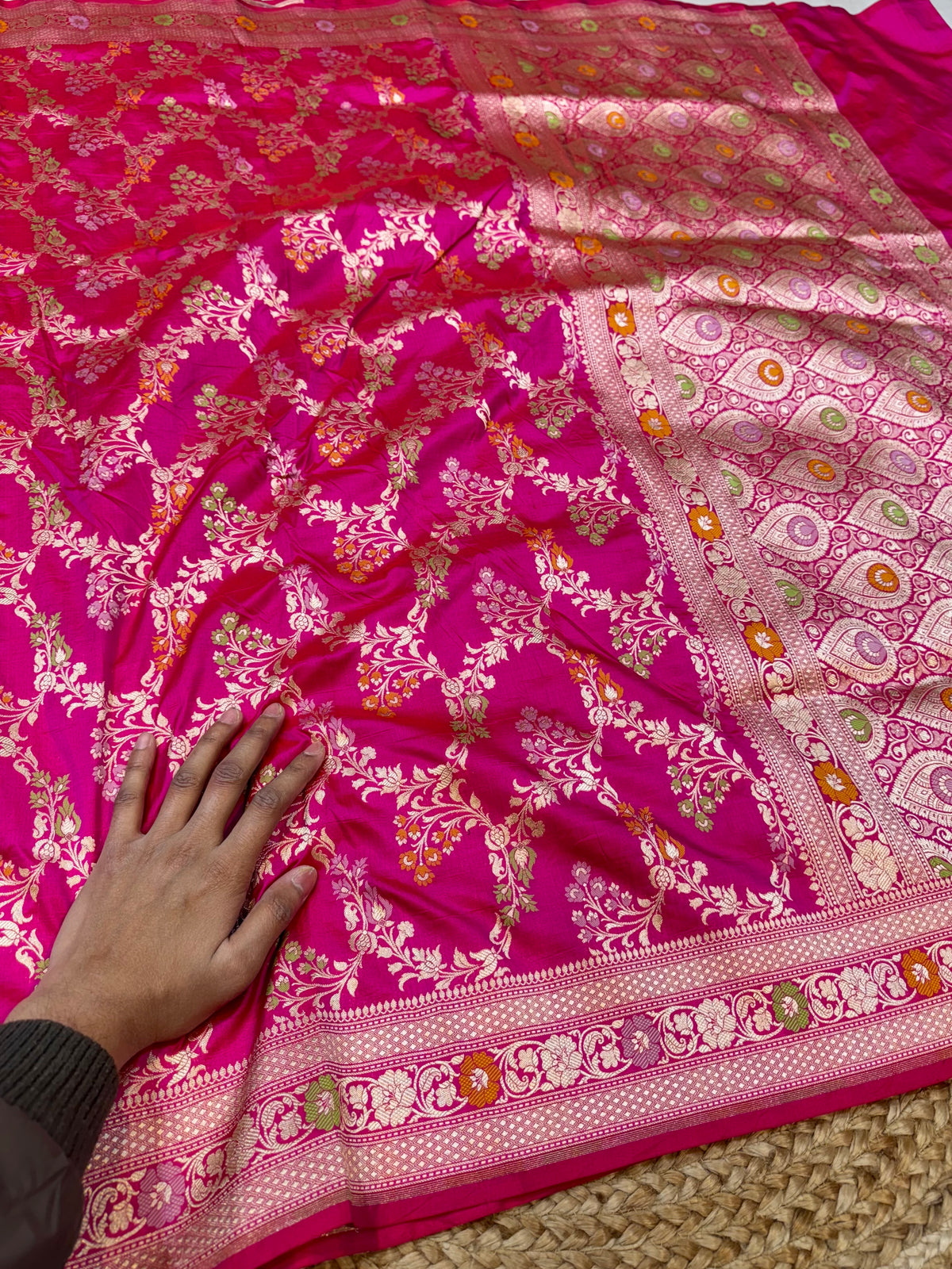Prebook | Rani Pink Pure Banarasi Katan Silk Meenakari Saree