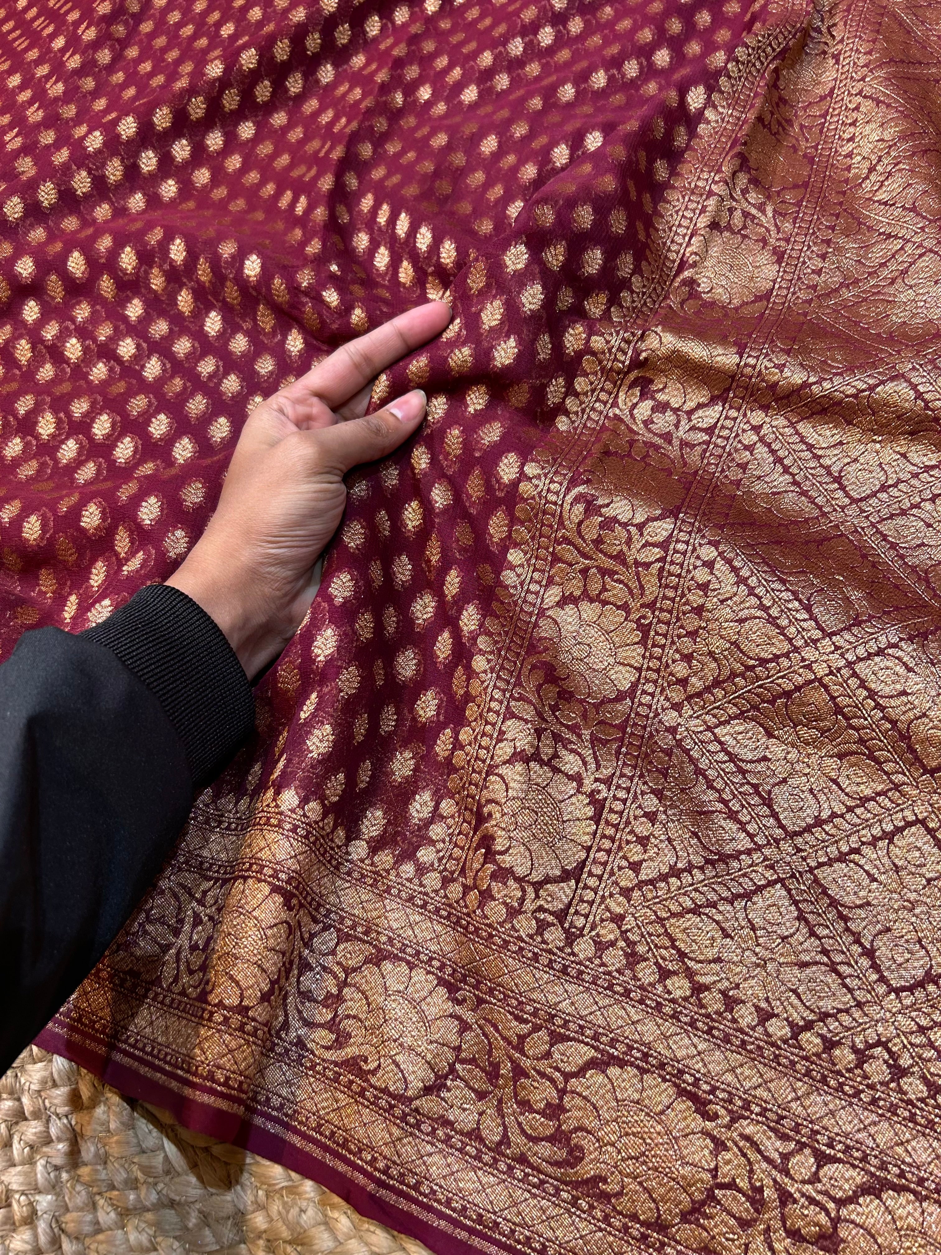 Burgundy Wine 100% Pure Banarasi Khaddi Georgette Saree