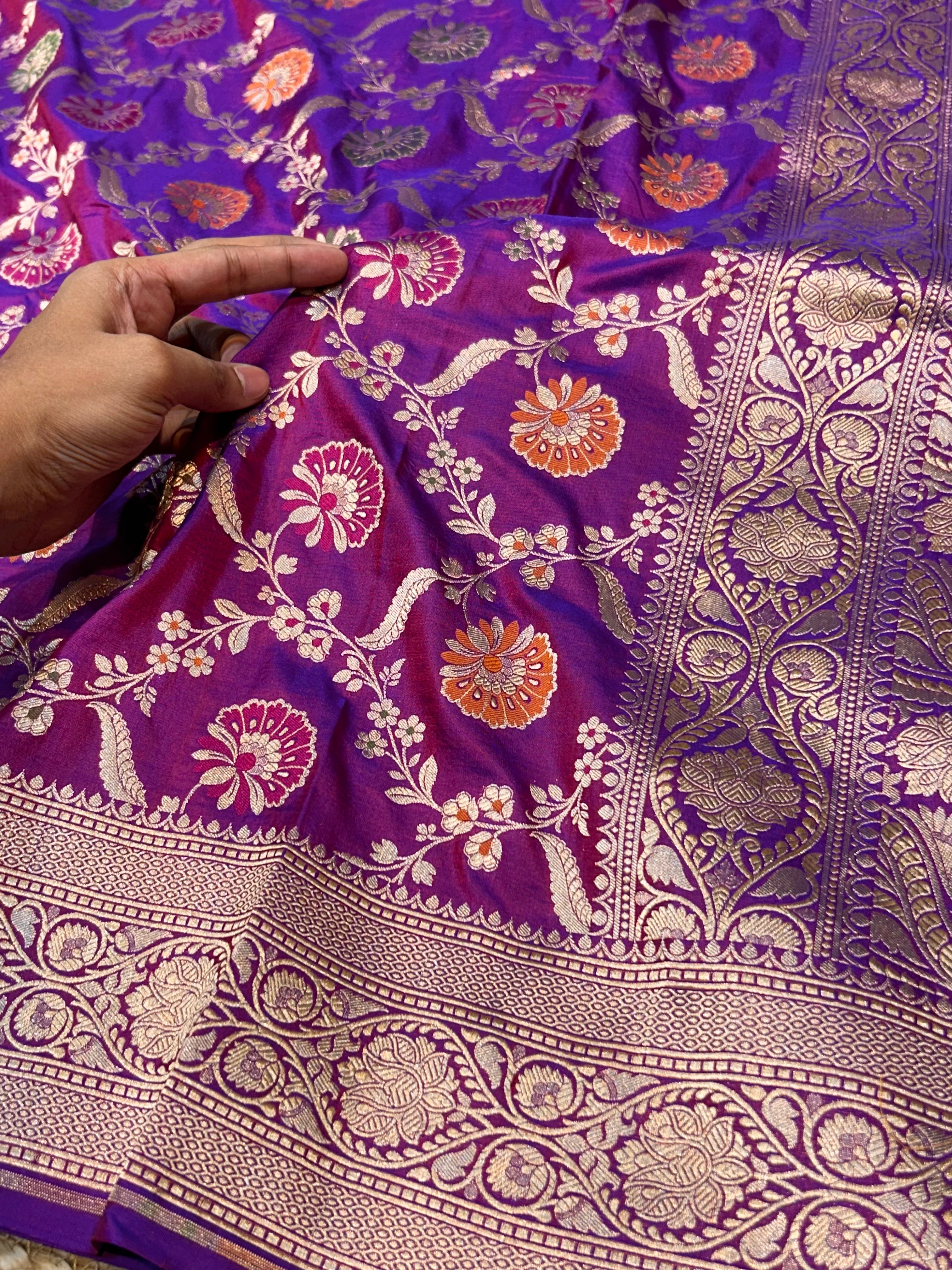 Dual shade Blue-Red 100% Pure Banarasi Katan Silk Meenakari Saree