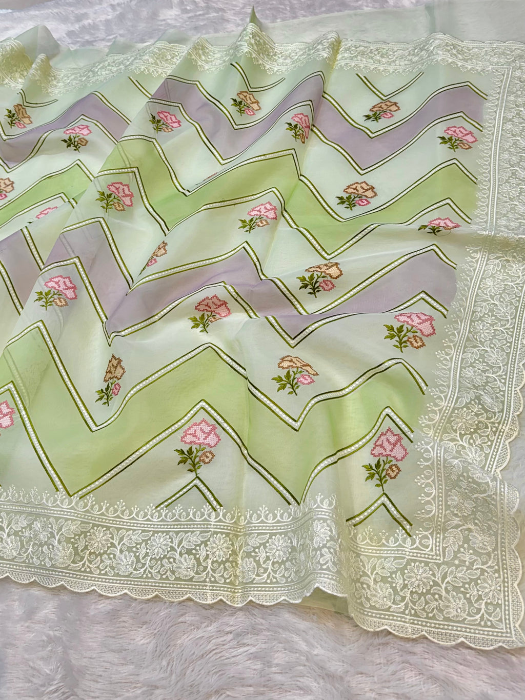 Pista Green Organza Silk Partywear Banaras Embroidered Lightweight Sarees