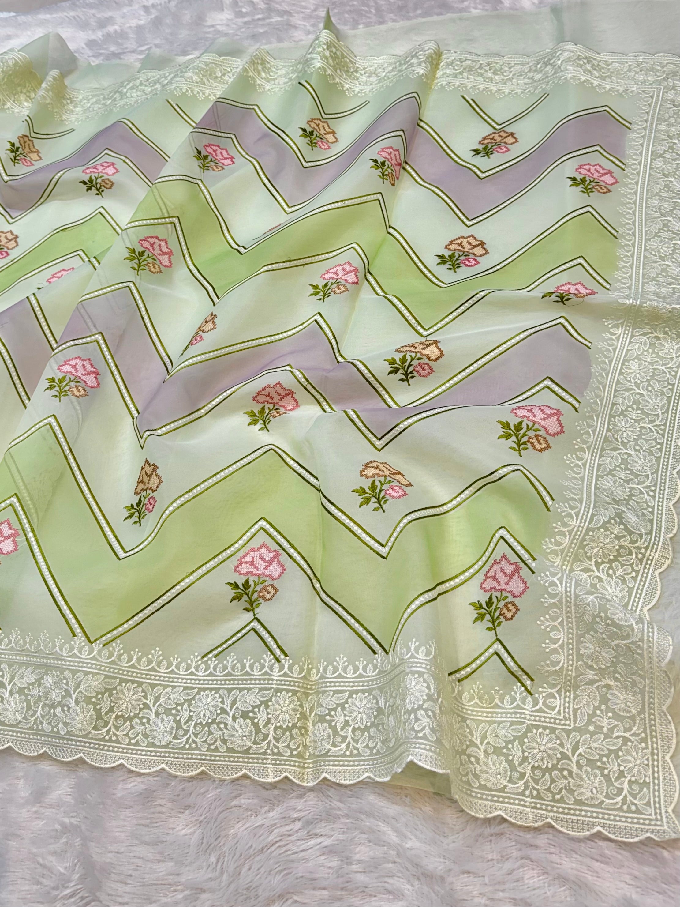 Pista Green Organza Silk Partywear Banaras Embroidered Lightweight Sarees