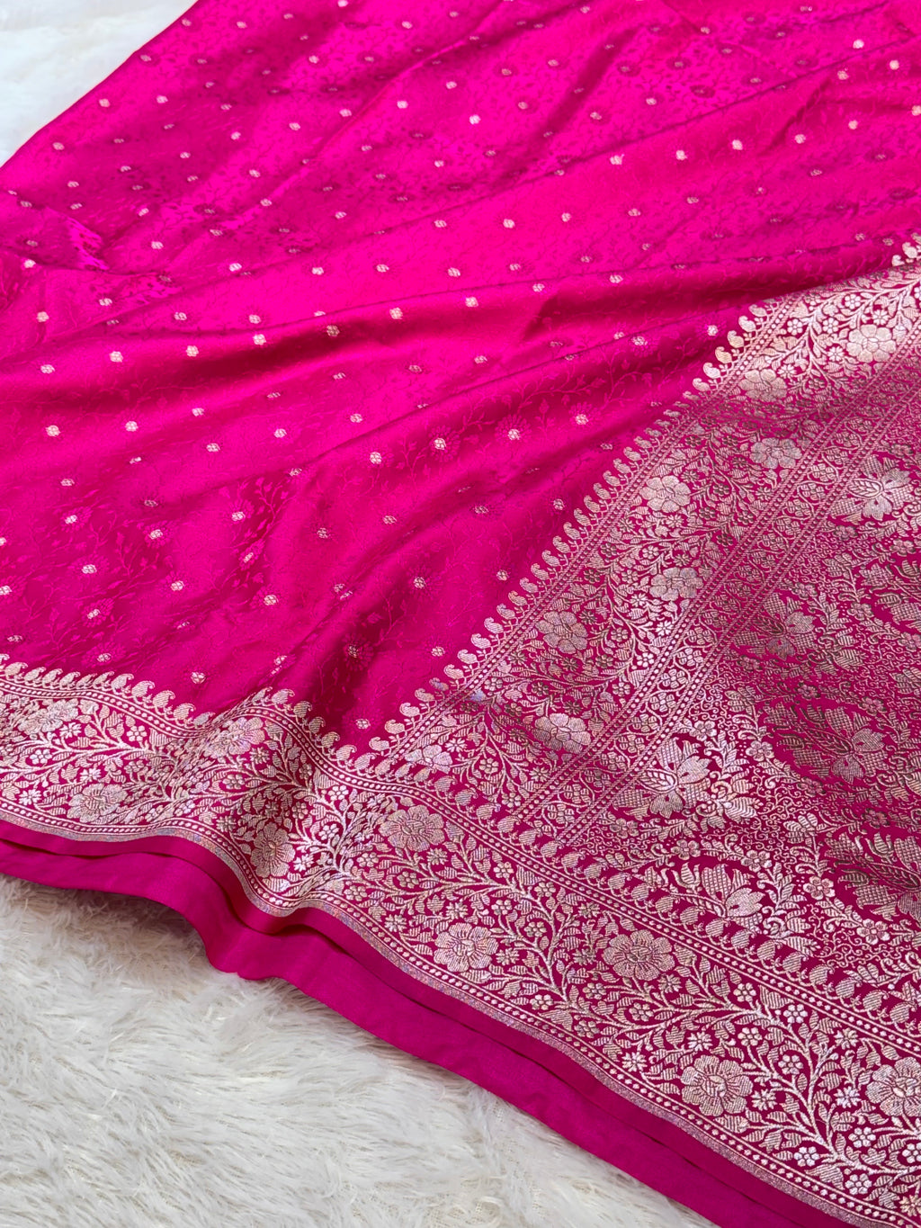 Rani Pink Banarasi Soft Meenakari Mashru Silk Partywear Saree