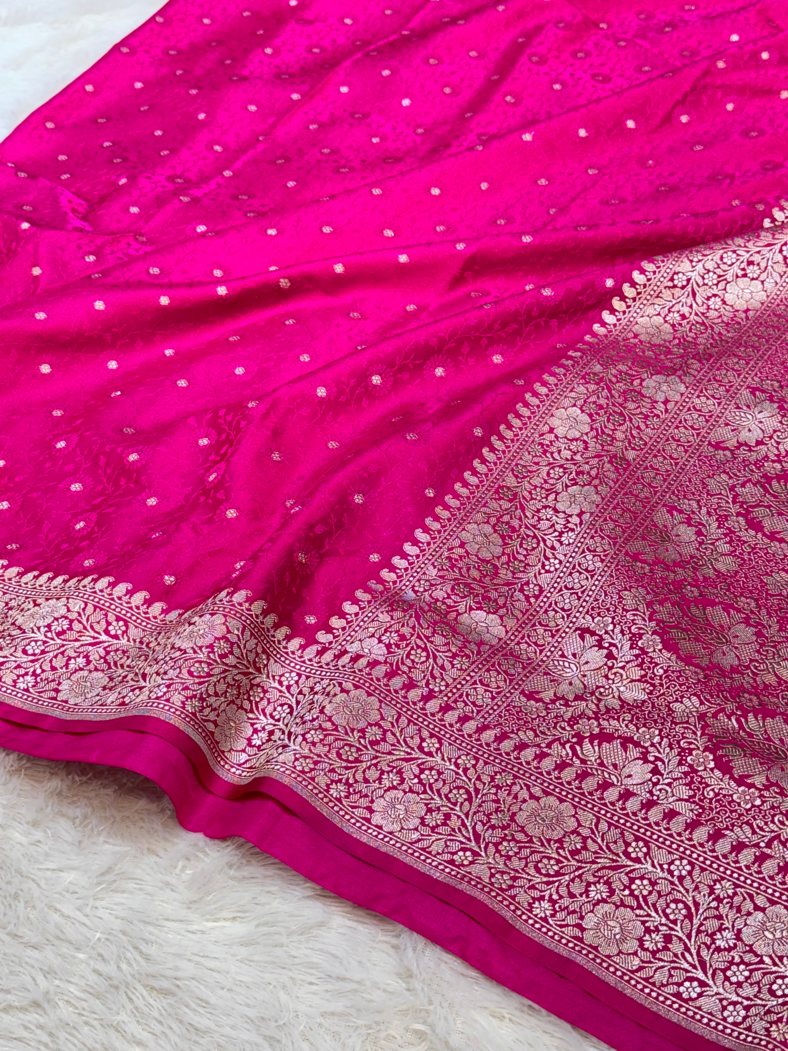 Rani Pink Banarasi Soft Meenakari Mashru Silk Partywear Saree