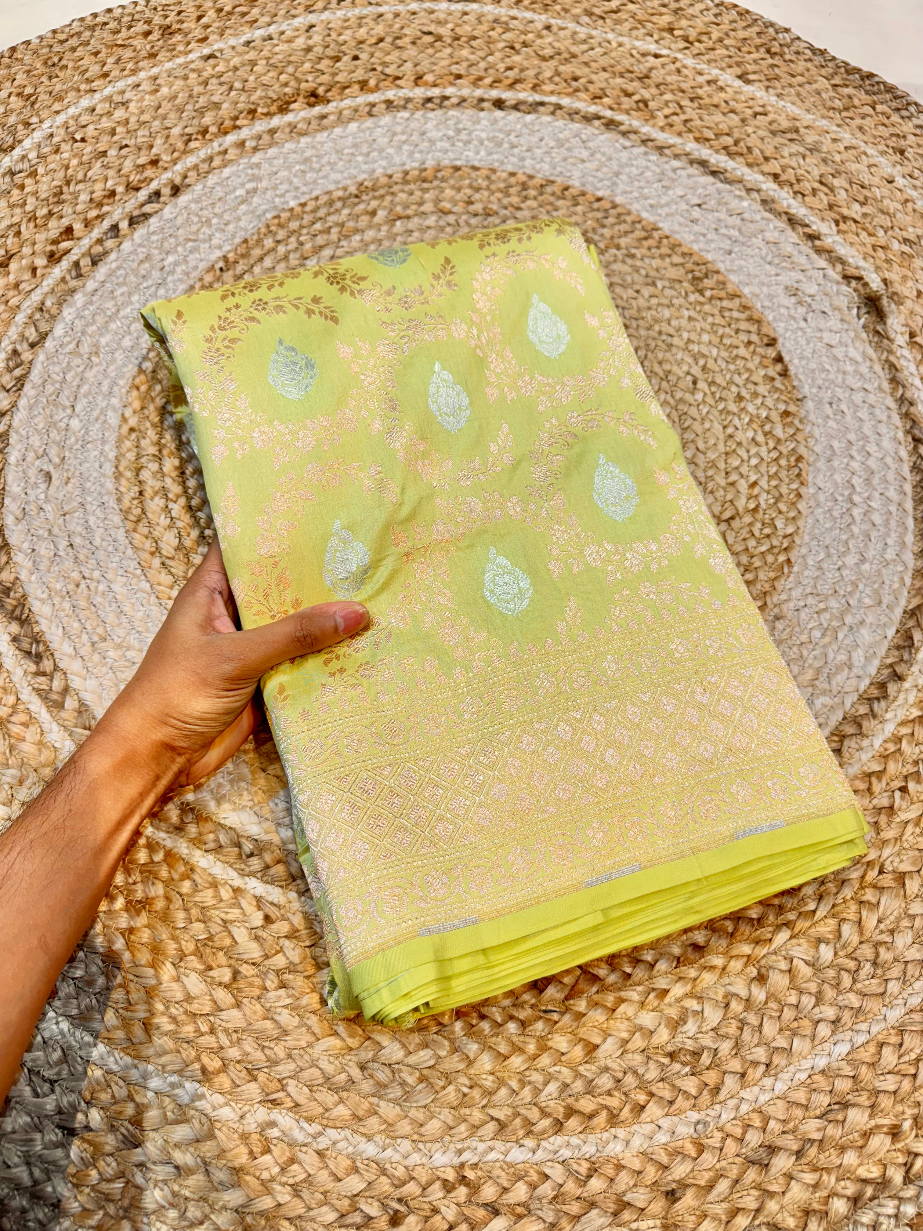 Pista Green 100% Pure Banarasi Katan Silk Meenakari Saree