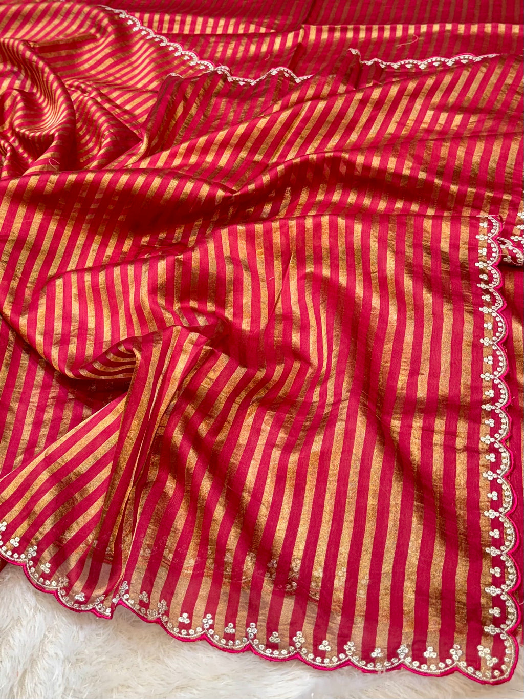 Hot Pink 100% Pure Handloom Mul Cotton Stripes Tissue Silk Partywear Banarasi Embroidery Lightweight Sarees