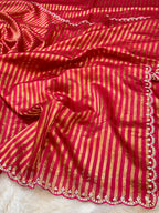 Hot Pink 100% Pure Handloom Mul Cotton Stripes Tissue Silk Partywear Banarasi Embroidery Lightweight Sarees
