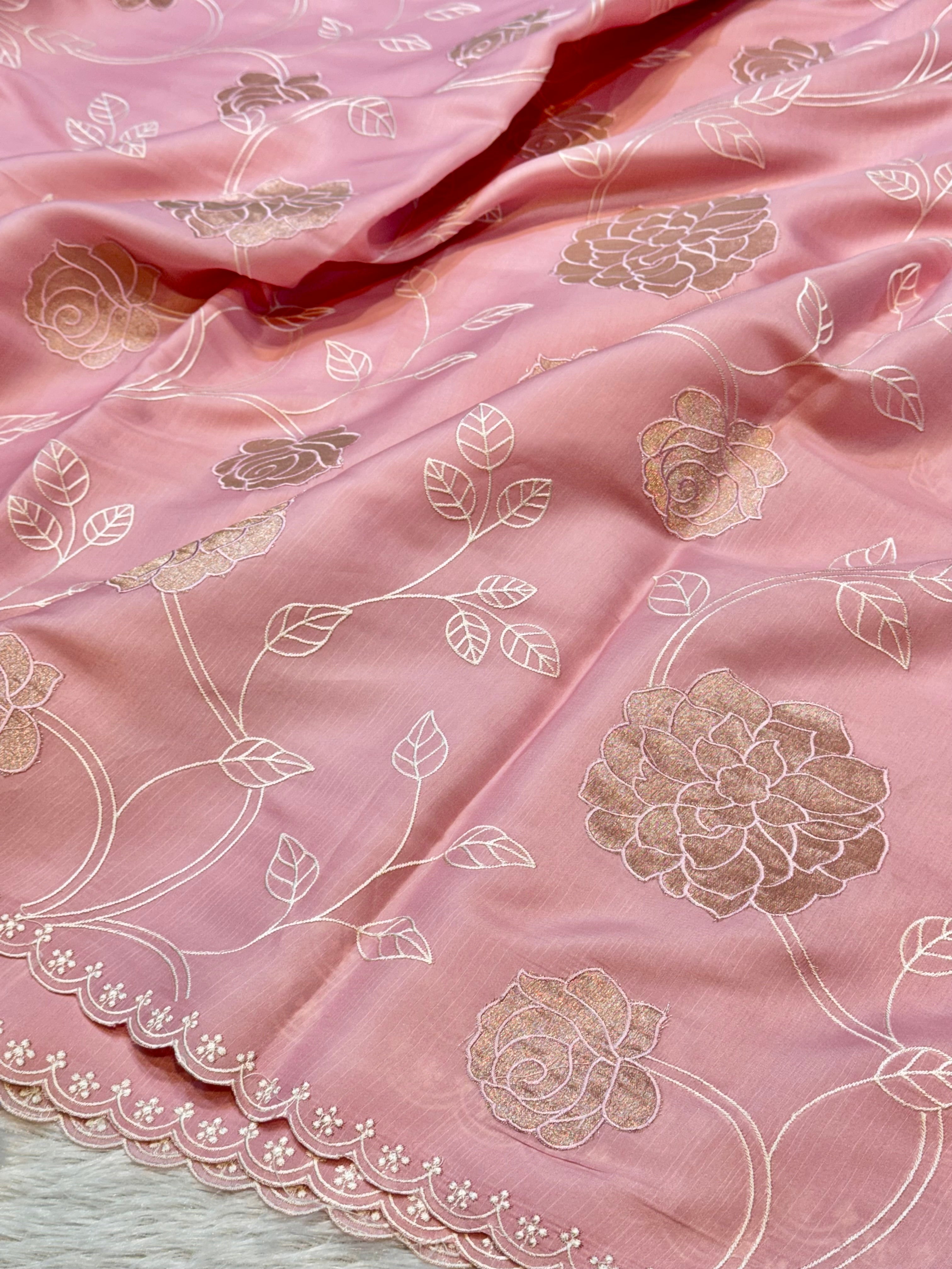 Pink Mango Silk Partywear Banarasi Embroidered Jaal with Tissue Applique Lightweight Sarees