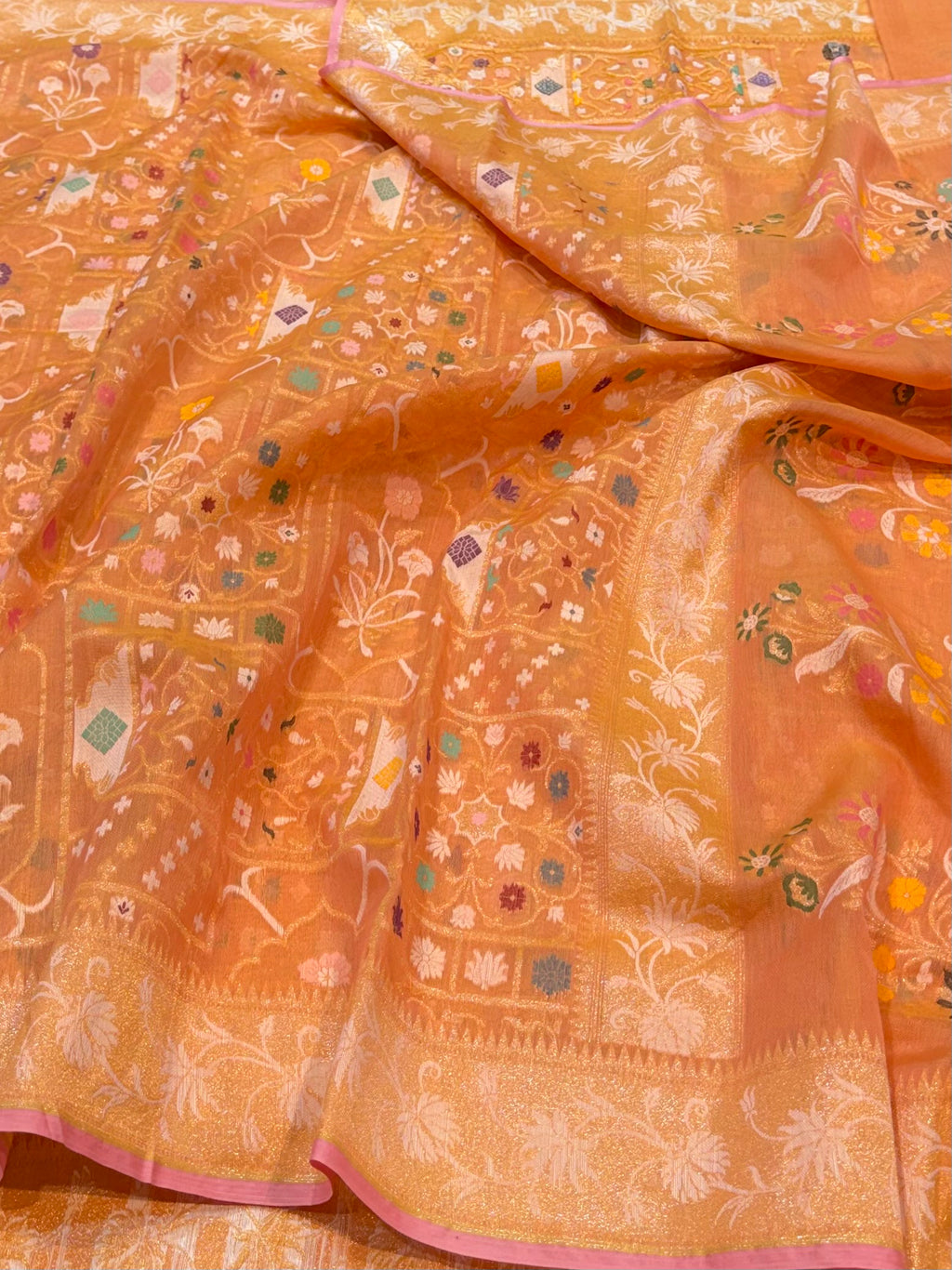 Pastel Peach 100% Pure Ektara Banarasi Cotton Jamdani Saree