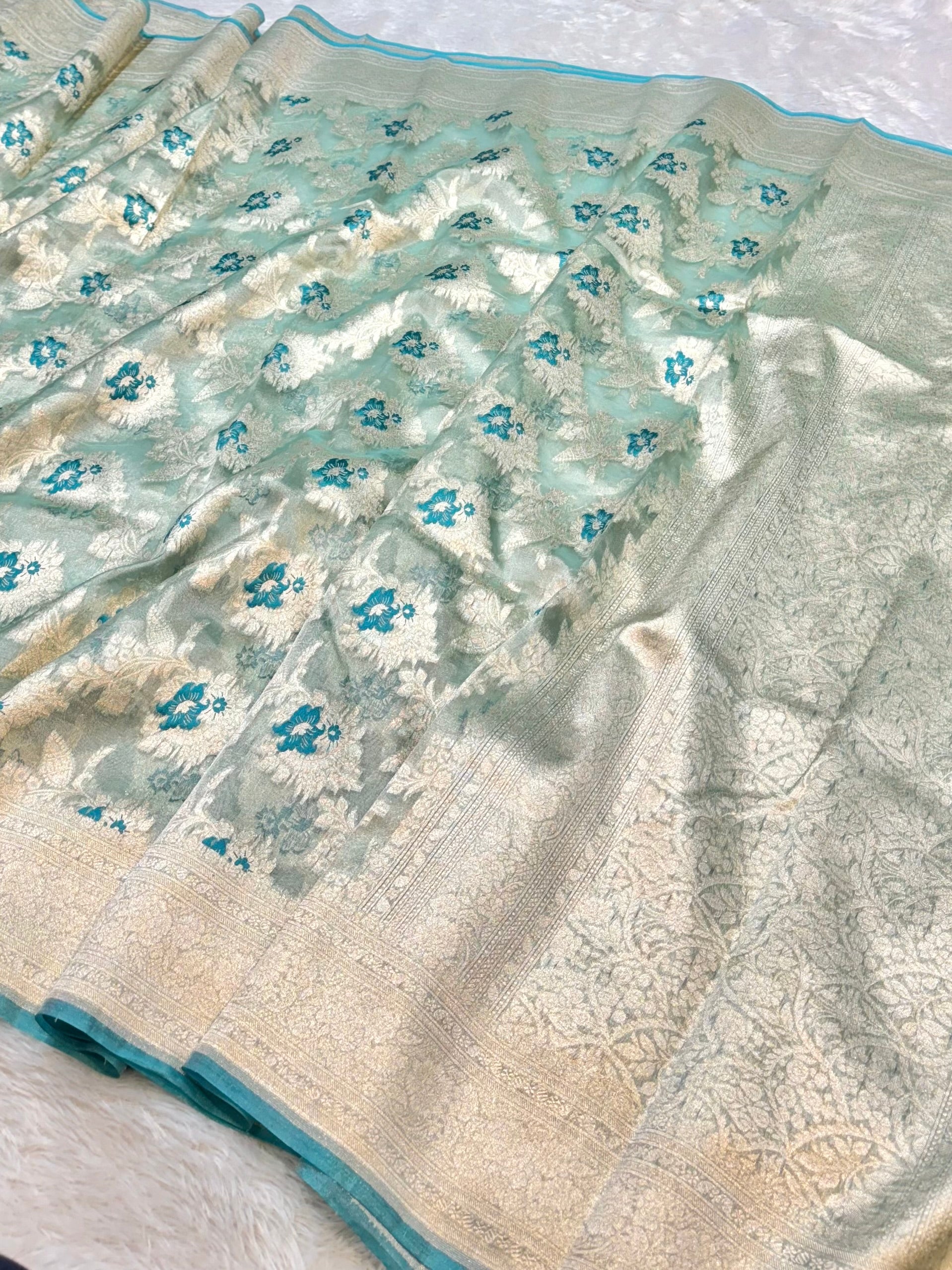 Diamond Blue 100% Pure Tissue Silk Banarasi Partywear Saree