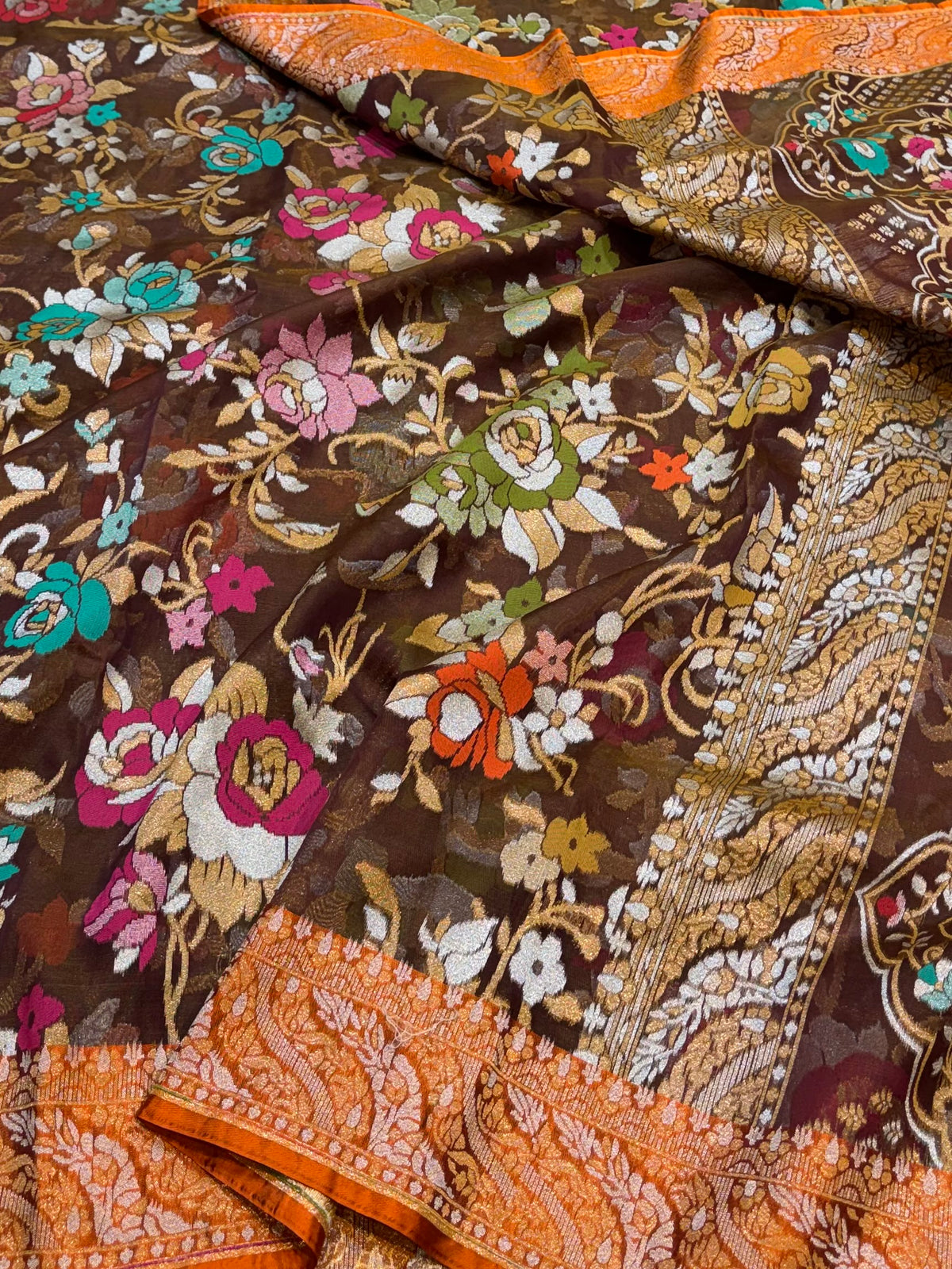 Prebook | Brown Pure Ektara Banarasi Kora Jamdani Saree