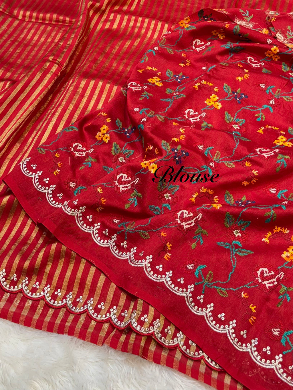 Red 100% Pure Handloom Mul Cotton Stripes Tissue Silk Partywear Banarasi Embroidery Lightweight Sarees