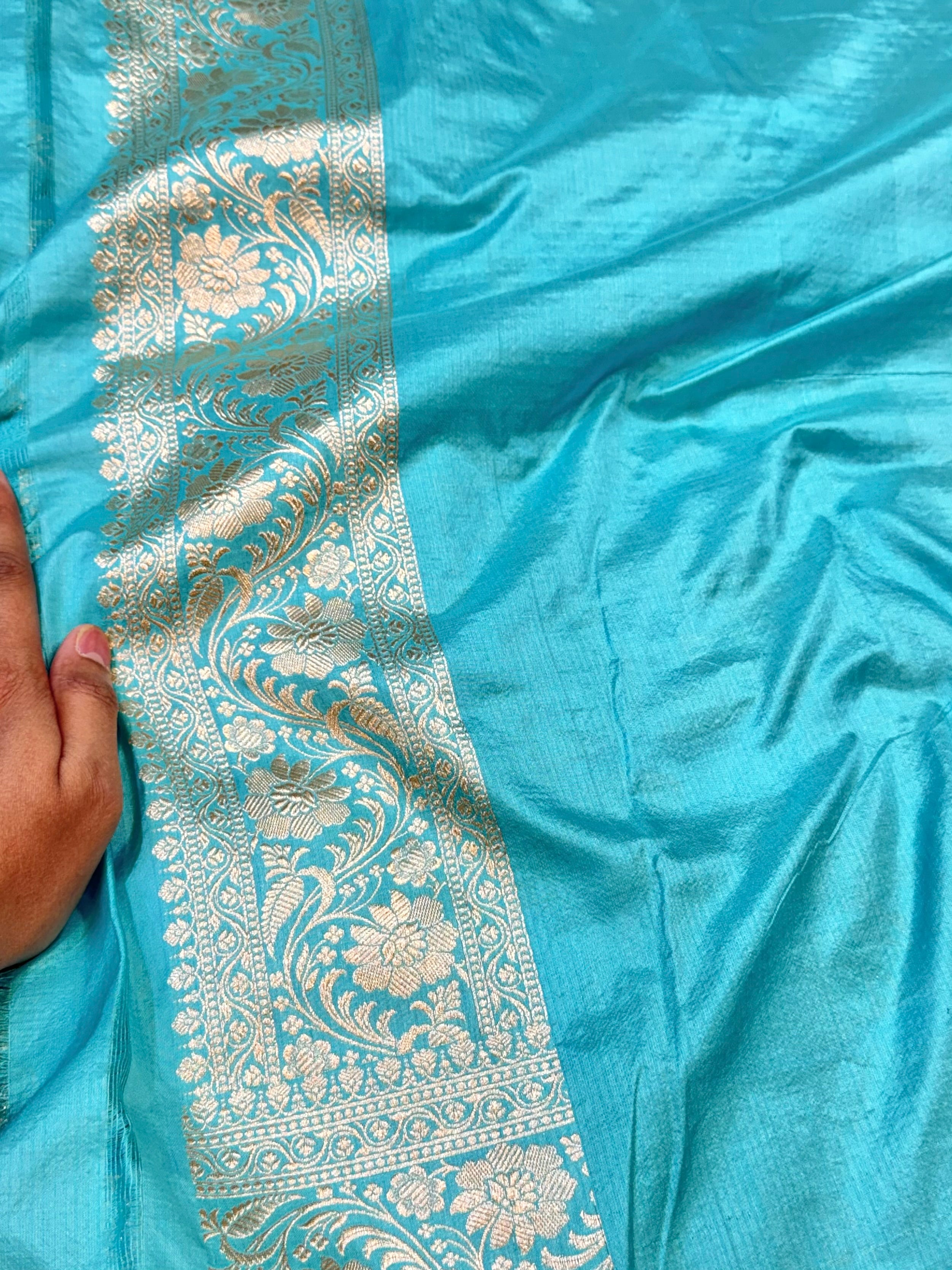 Cyan Blue 100% Pure Banarasi Katan Silk Saree