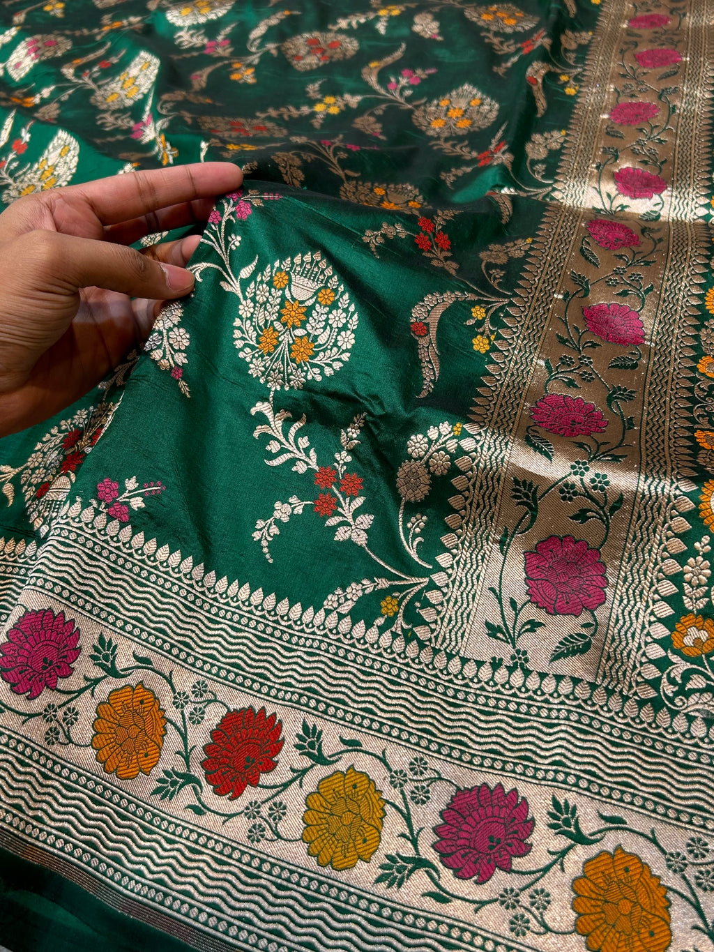 Bottle Green 100% Pure Banarasi Katan Silk Meenakari Saree