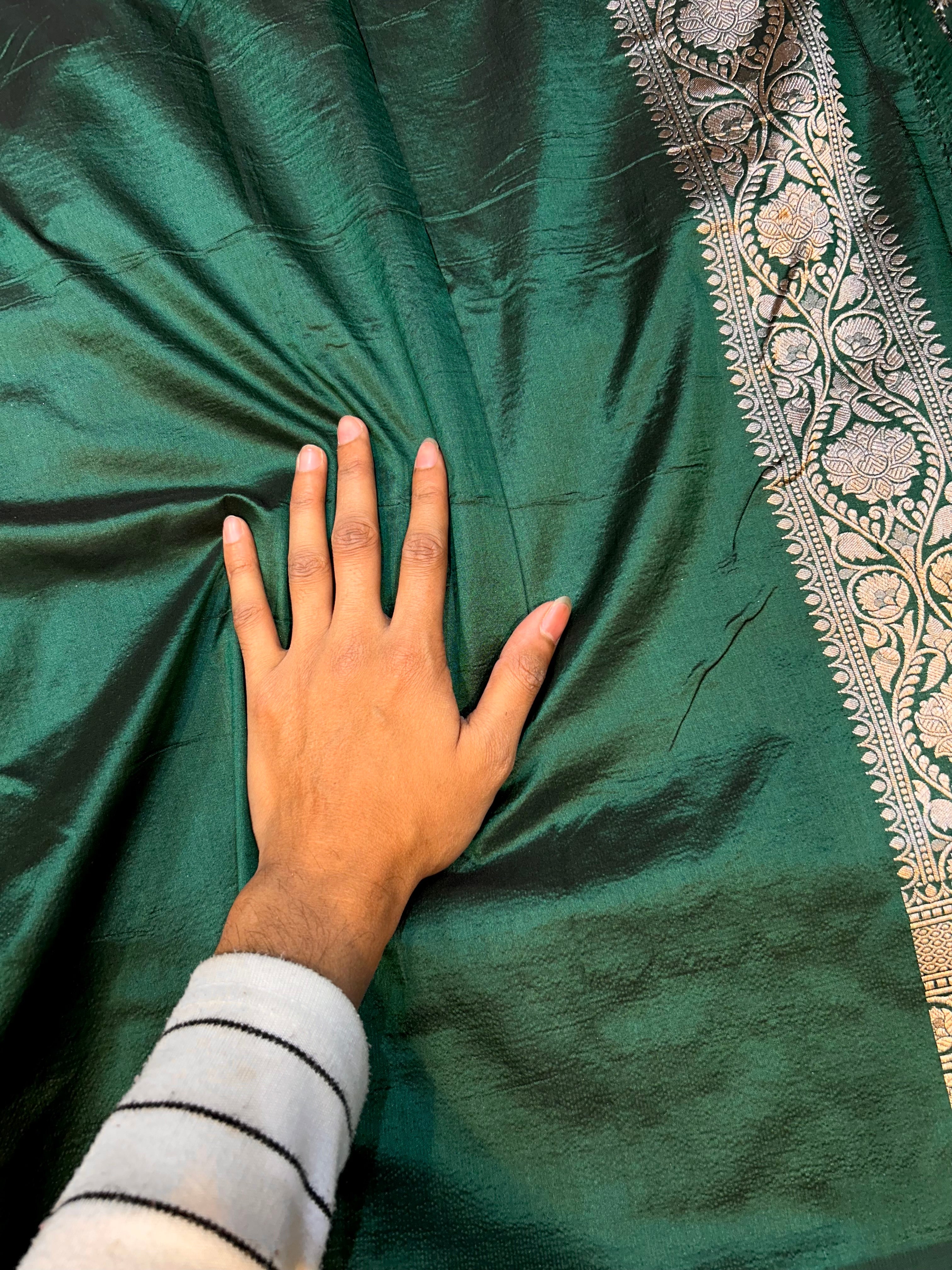 Bottle Green 100% Pure Banarasi Katan Silk Meenakari Saree