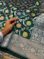 Bottle Green 100% Pure Banarasi Katan Silk Meenakari Saree