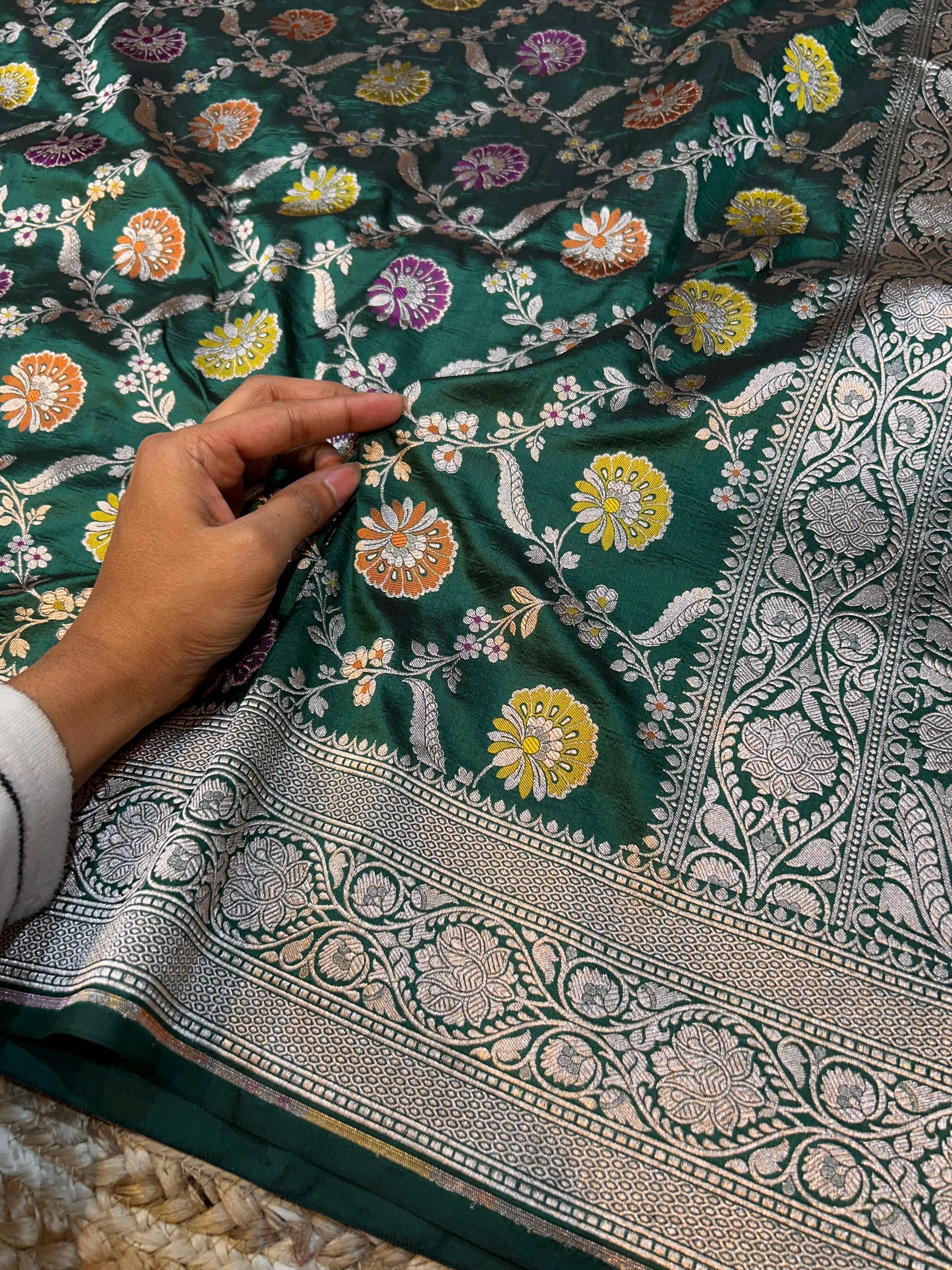 Bottle Green 100% Pure Banarasi Katan Silk Meenakari Saree