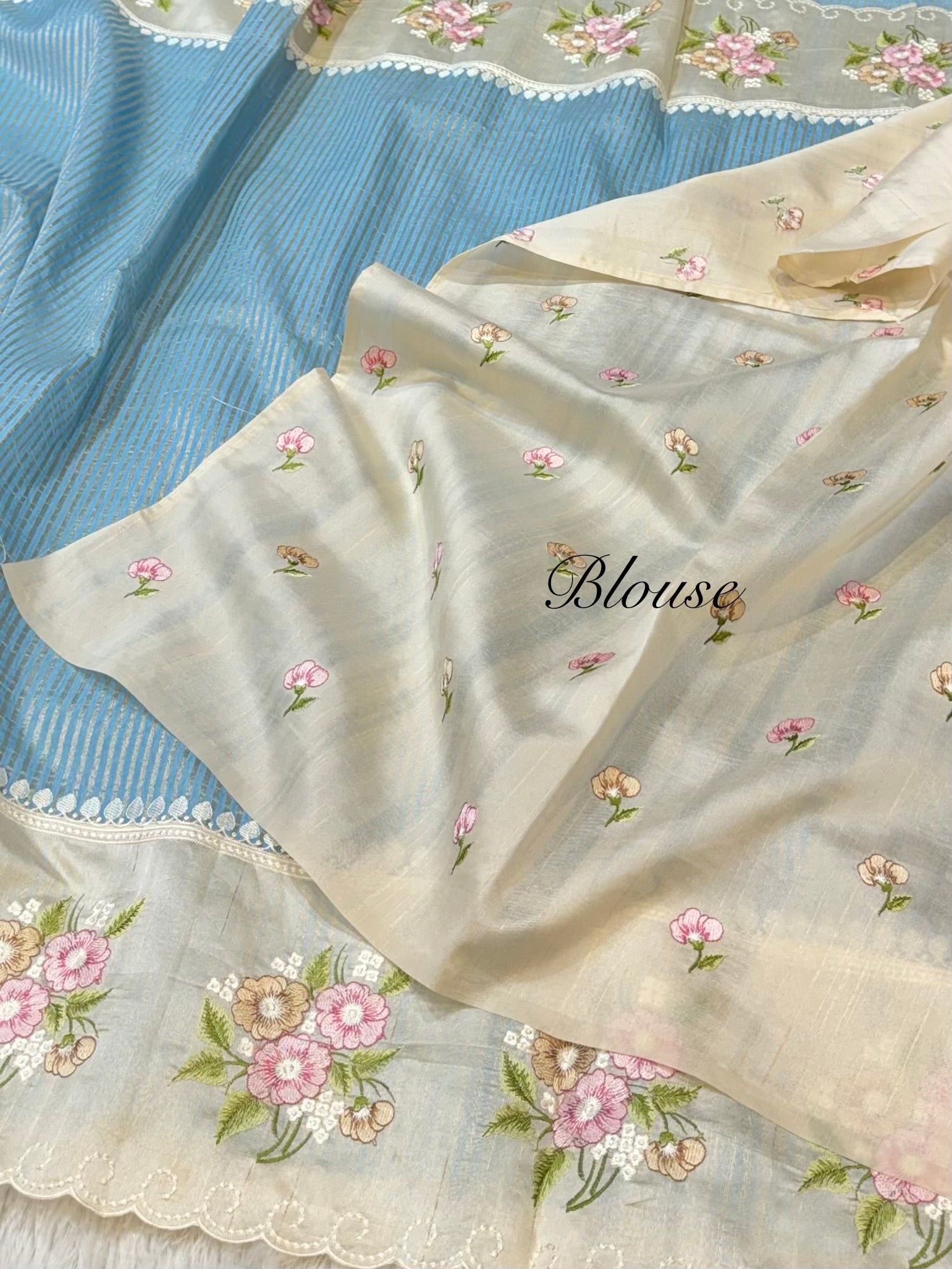 Powder Blue Tissue Silk Partywear Banarasi Embroidery Tissue Border Lightweight Sarees