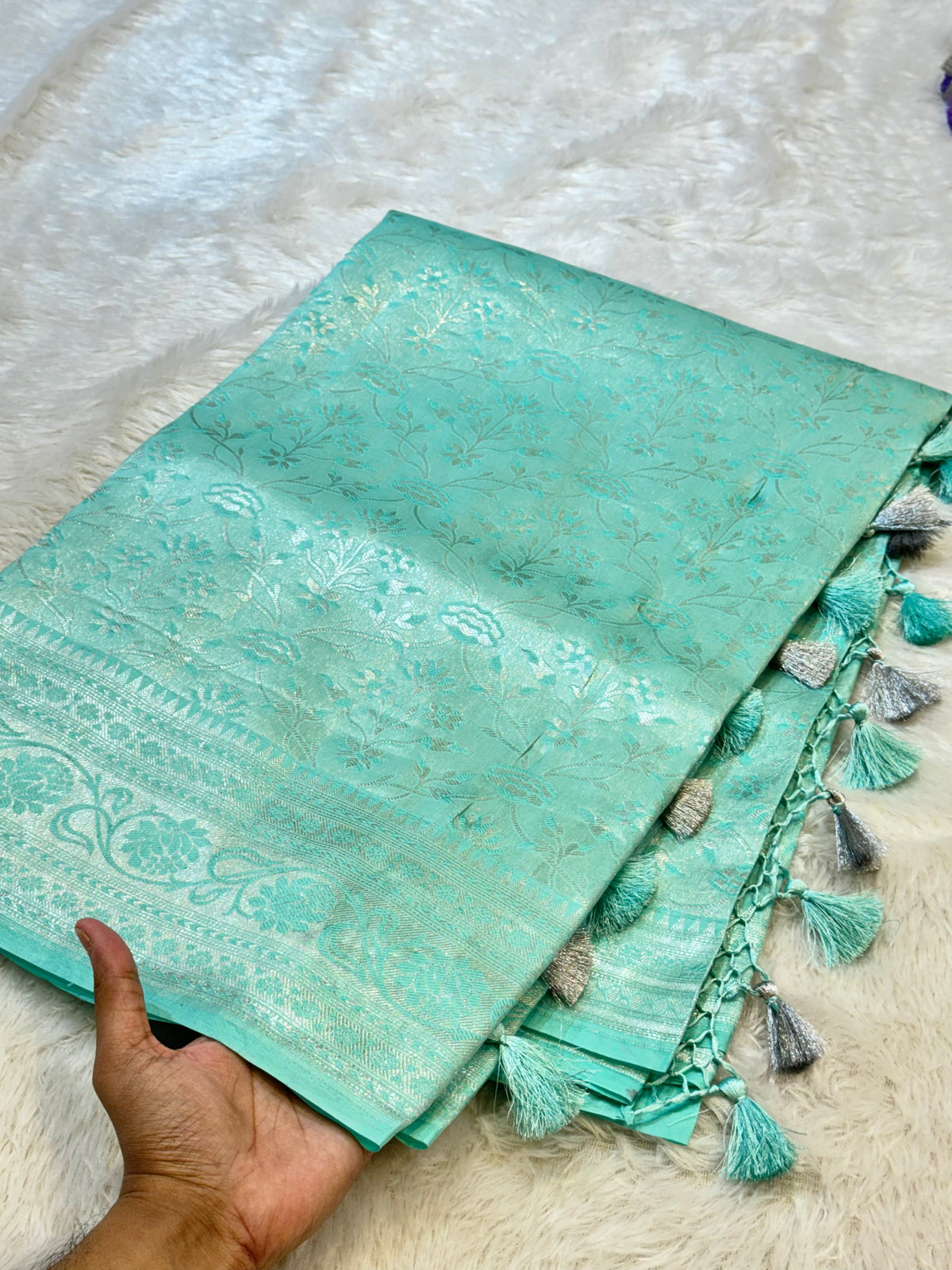Cyan Blue Pure Handloom Banarasi Mashru Silk Saree