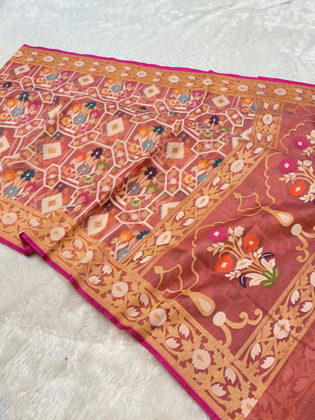 Pastel Peach 100% Pure Ektara Banarasi Kora Jamdani Saree