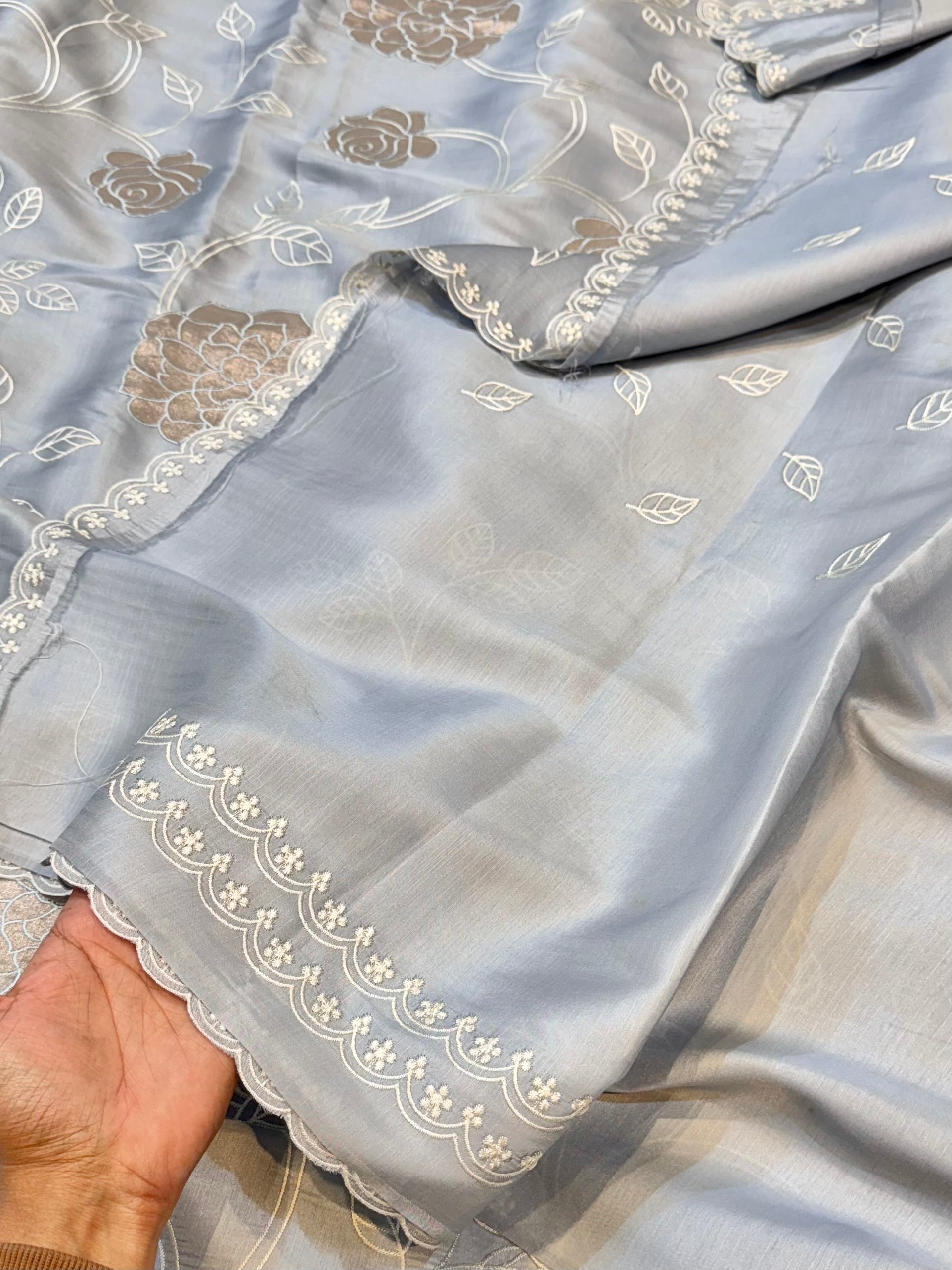 Powder Blue Mango Silk Partywear Banarasi Embroidered Jaal with Tissue Applique Lightweight Sarees