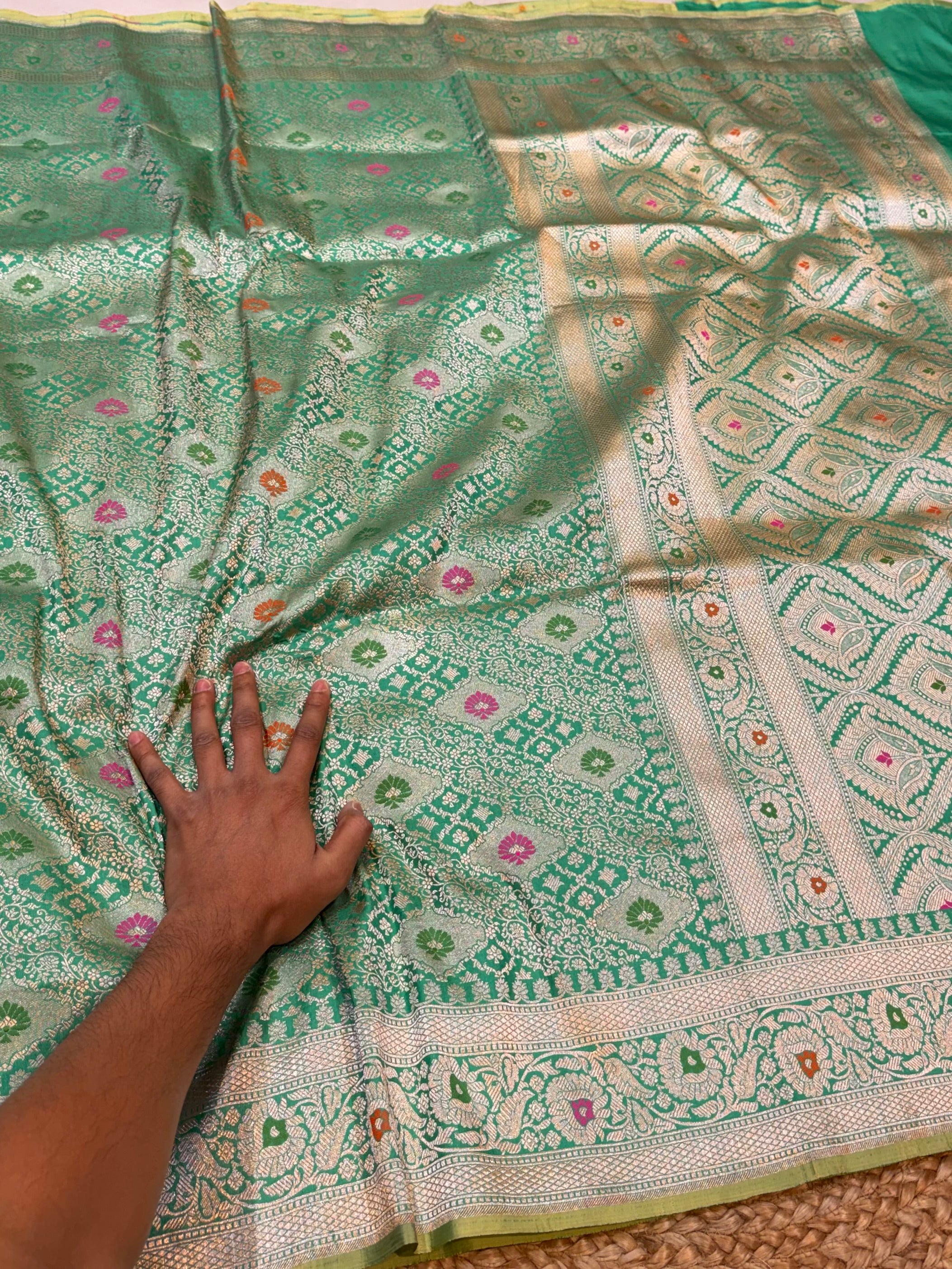 Prebook | Parrot Green 100% Pure Banarasi Katan Silk Meenakari Brocade Saree