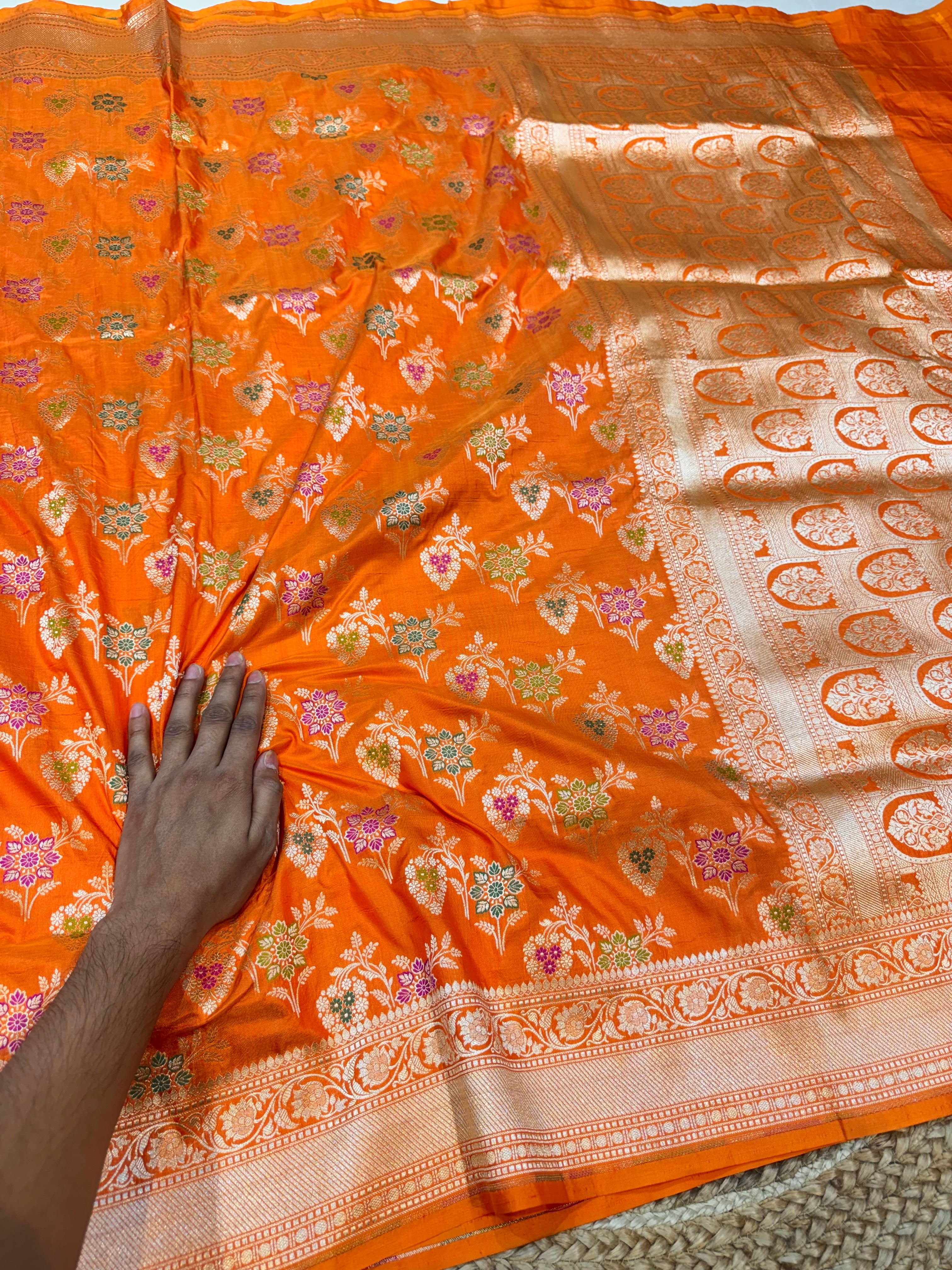 Prebook | Fanta Orange 100% Pure Banarasi Katan Silk Meenakari Saree