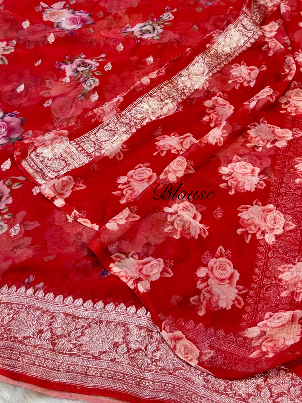 Red 100% Pure Khaddi Georgette Silver Zari Digital Print Handloom Saree