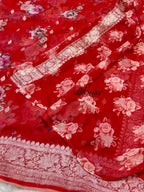 Red 100% Pure Khaddi Georgette Silver Zari Digital Print Handloom Saree