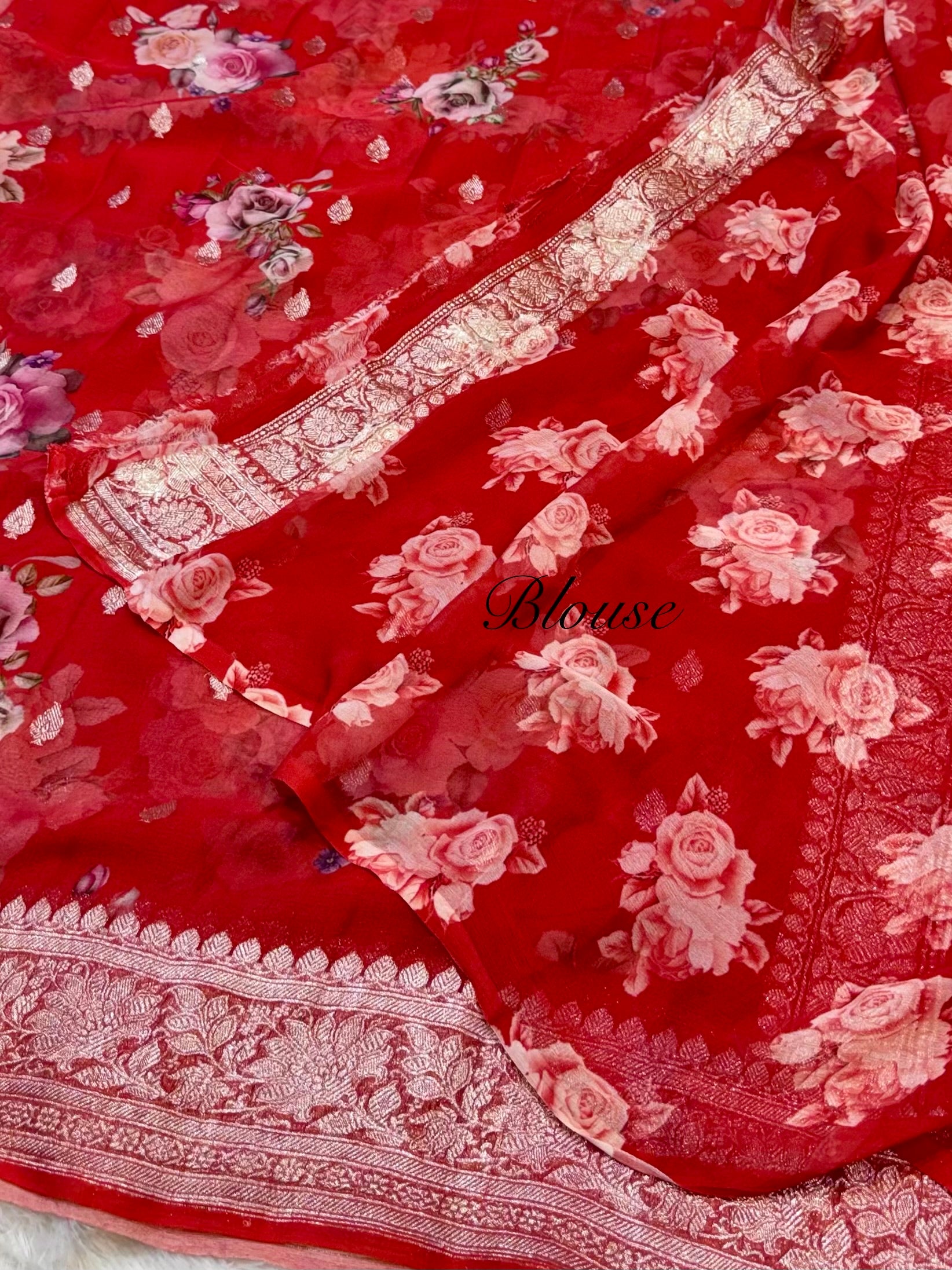 Red 100% Pure Khaddi Georgette Silver Zari Digital Print Handloom Saree