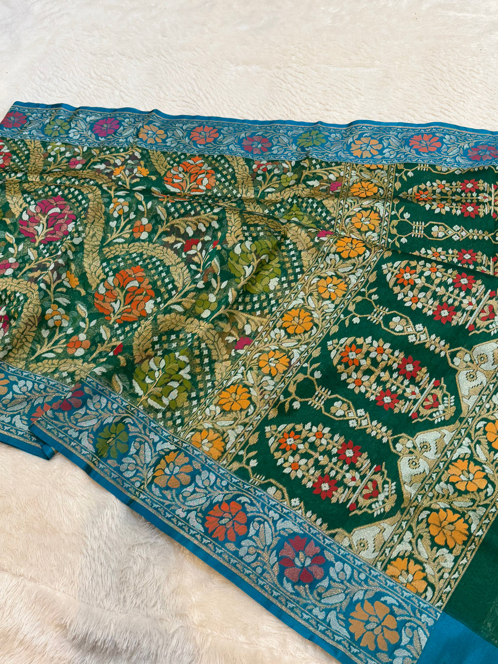 Green Pure Banarasi Ektara Kora Jamdani Saree