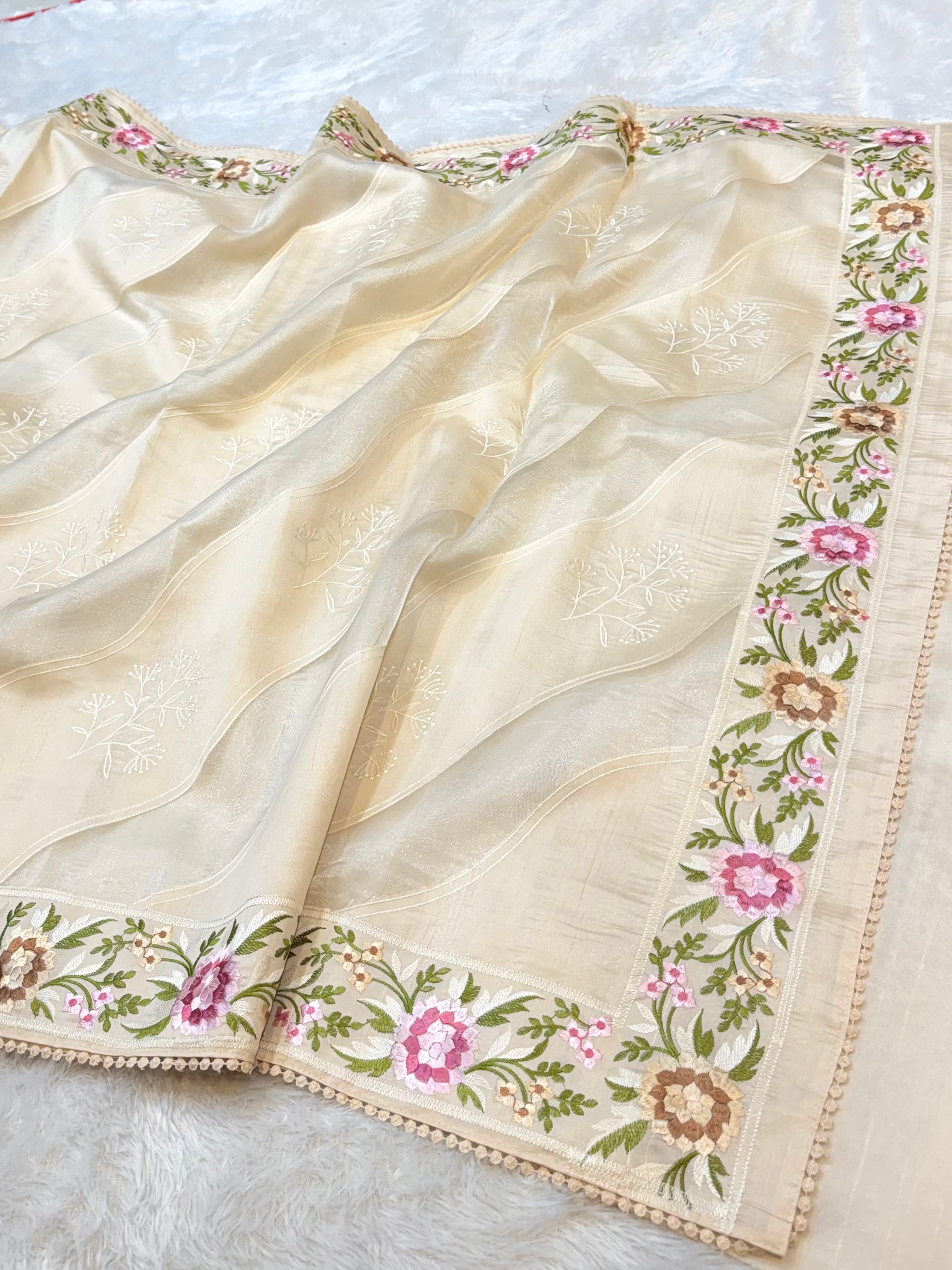 Beige Tussar Silk Partywear Banarasi Embroidery with Tissue Applique Lightweight Sarees