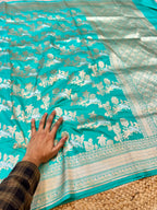 Cyan Blue 100% Pure Banarasi Katan Silk Meenakari Saree