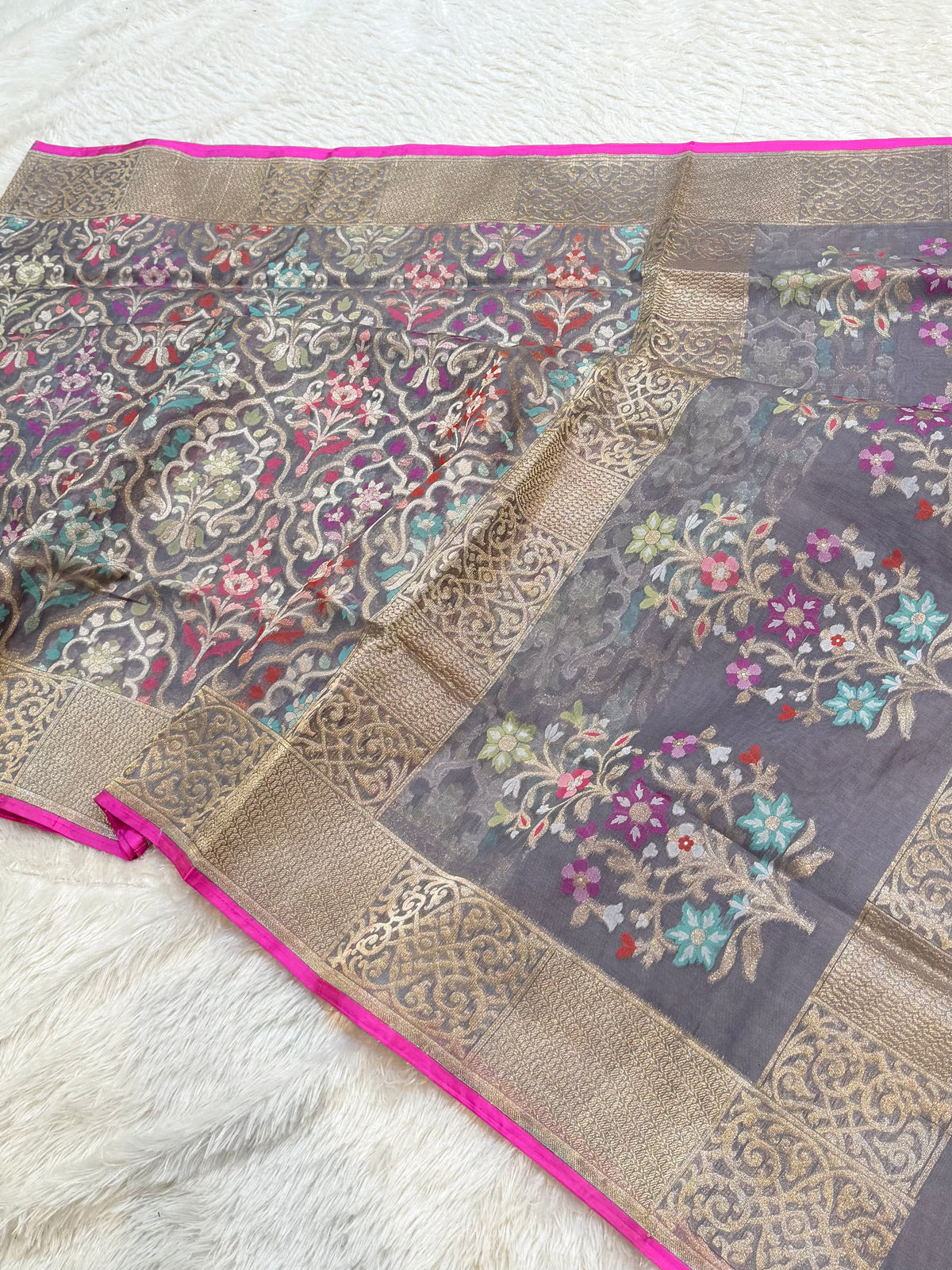 Light Grey Pure Handloom Banarasi Ektara Kora Jamdani Saree