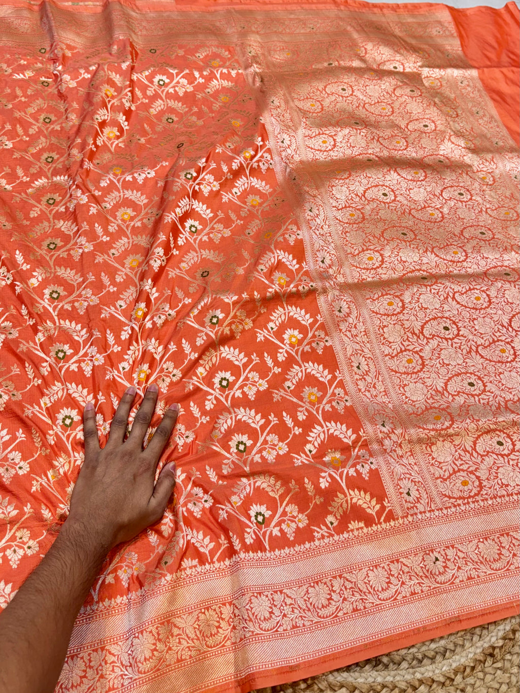 Peach 100% Pure Banarasi Katan Silk Meenakari Saree