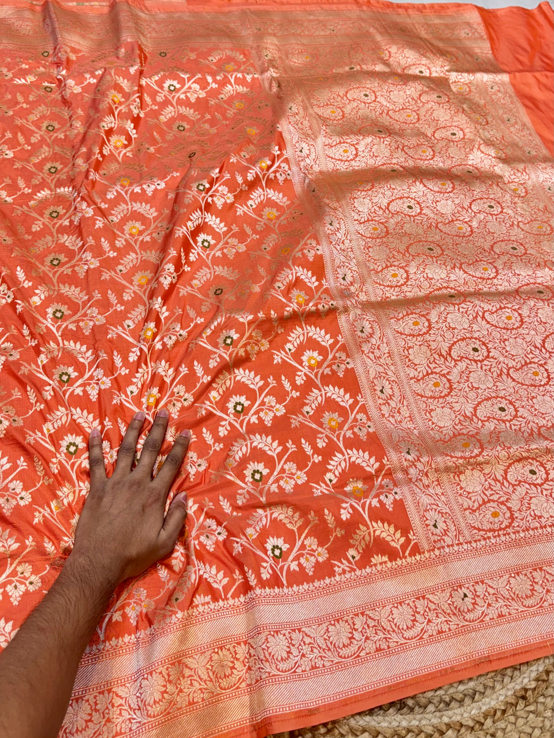 Peach 100% Pure Banarasi Katan Silk Meenakari Saree