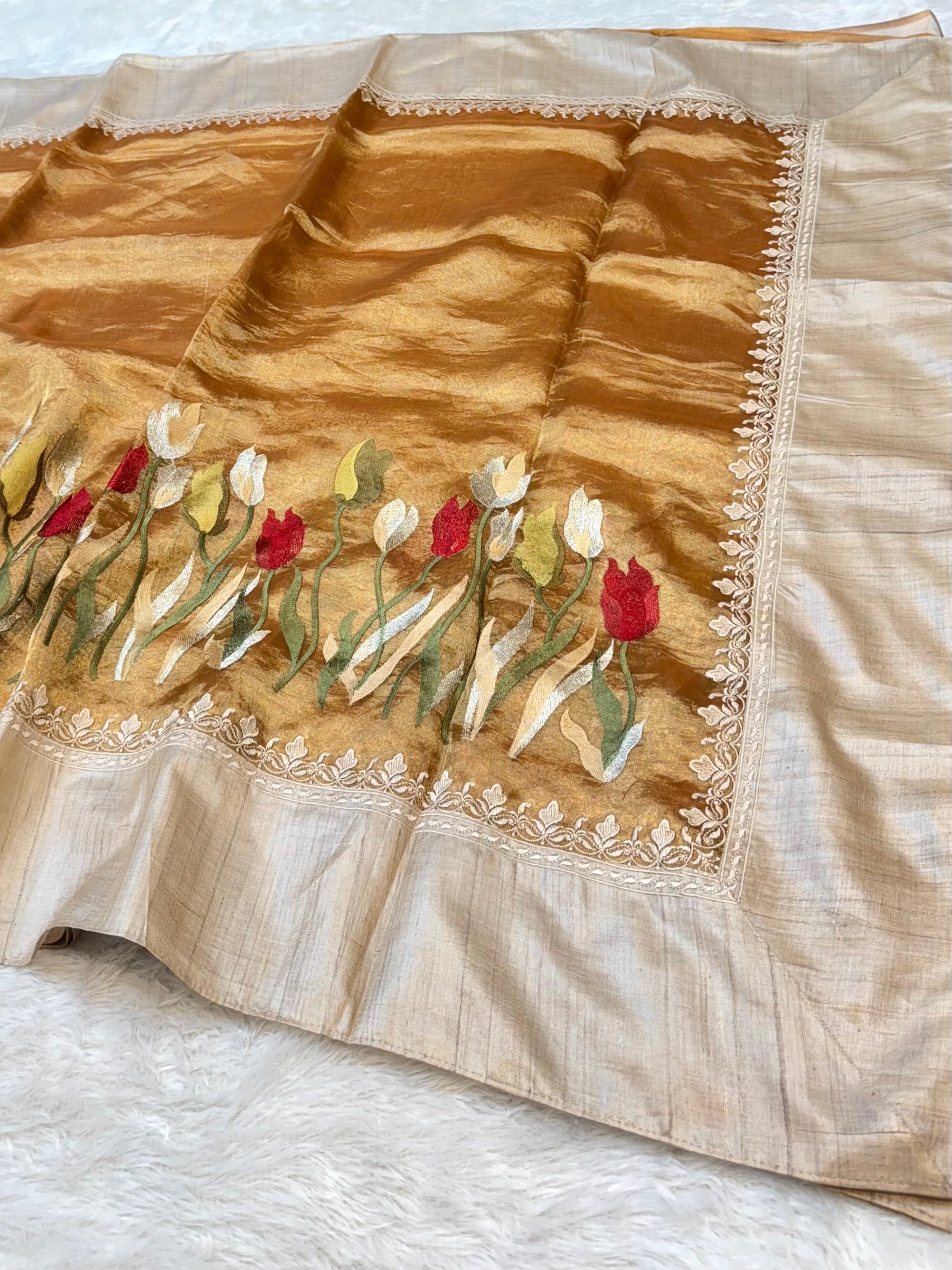 Diamond Gold 100% Pure Handloom Tissue Silk Partywear Banarasi Embroidery Lightweight Sarees