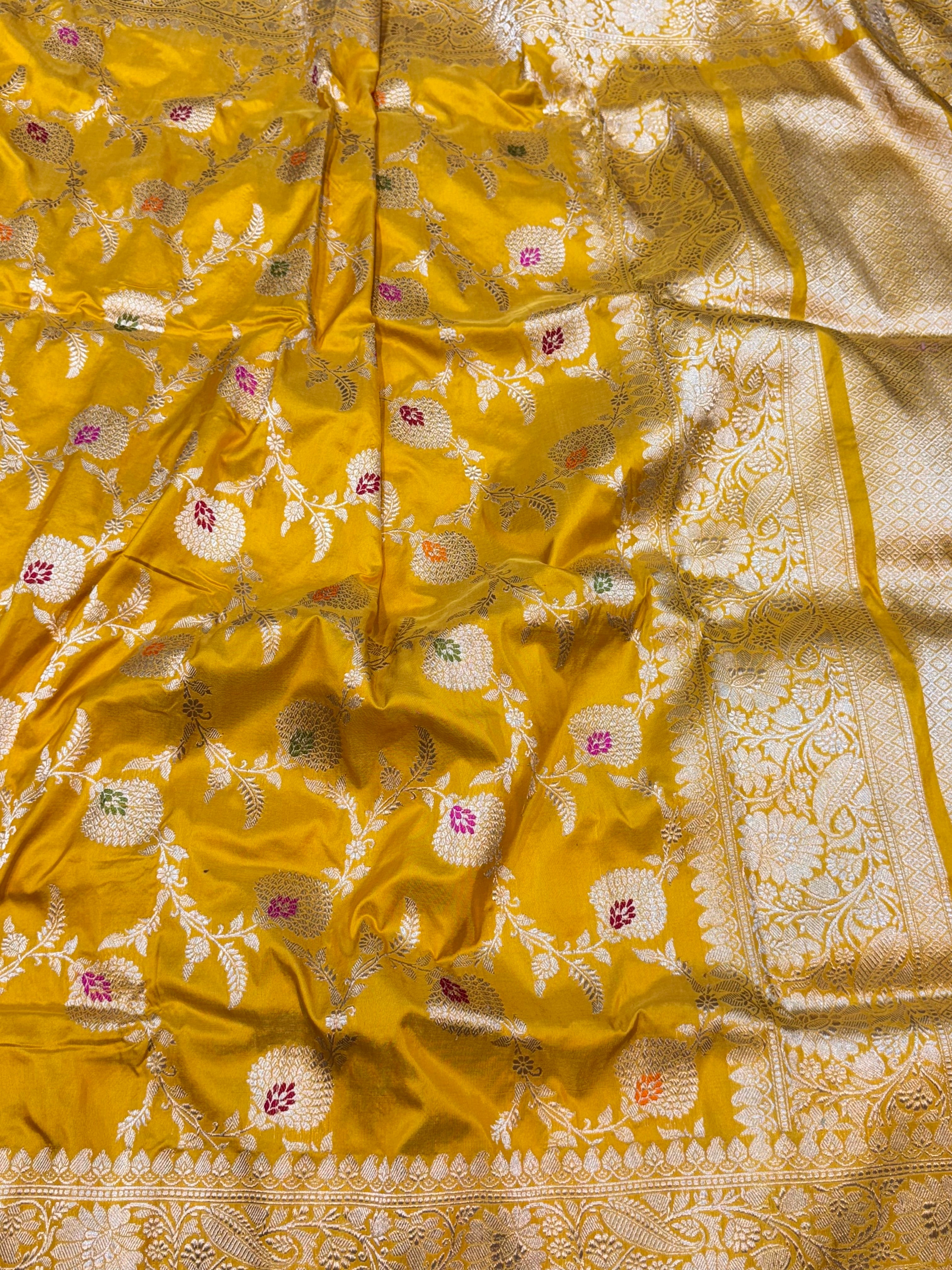 Sunflower Yellow 100% Pure Banarasi Katan Silk Handloom Handwoven Pattu Saree