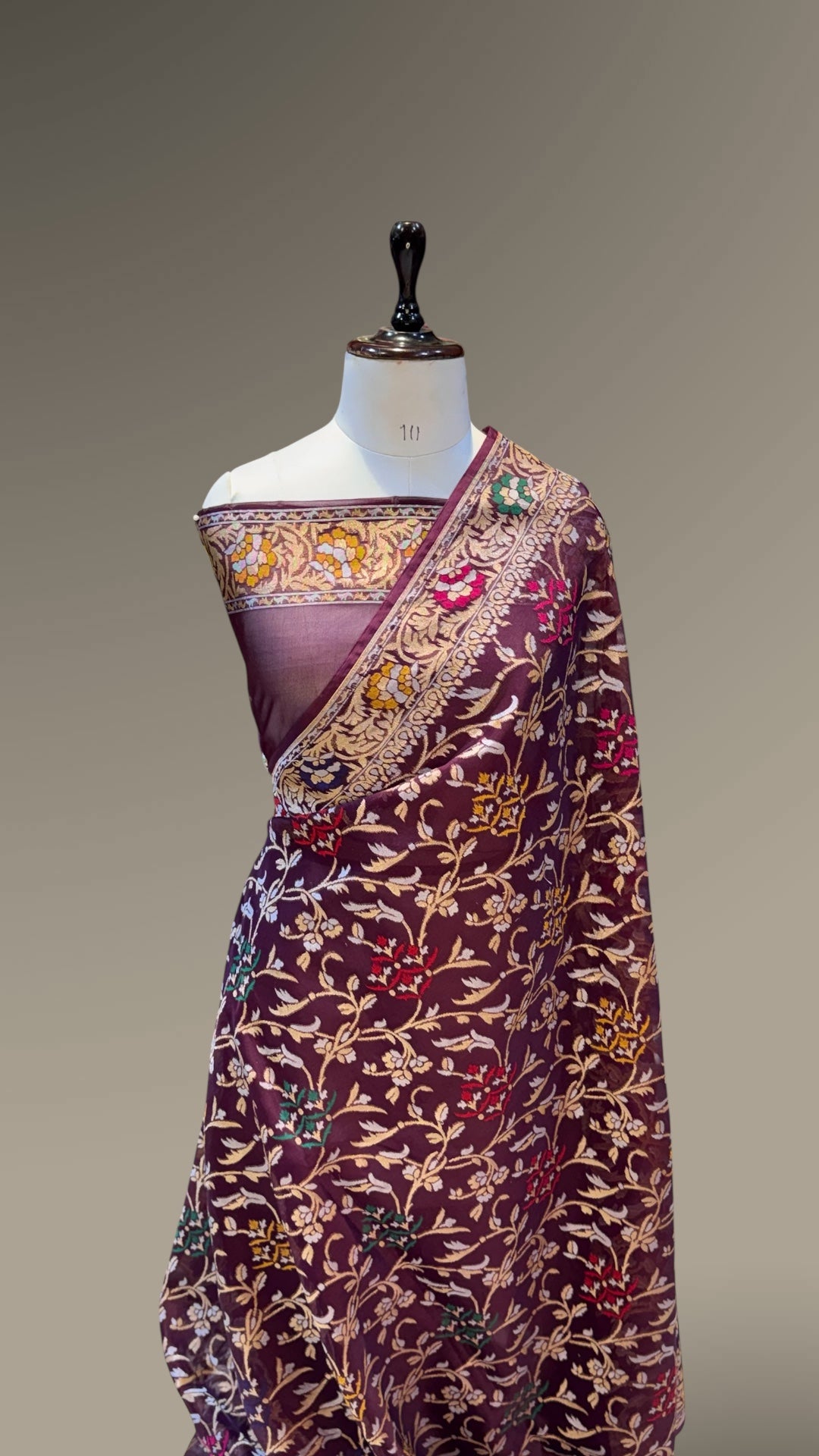 Wine Pure Banarasi Ektara Kora Jamdani Saree