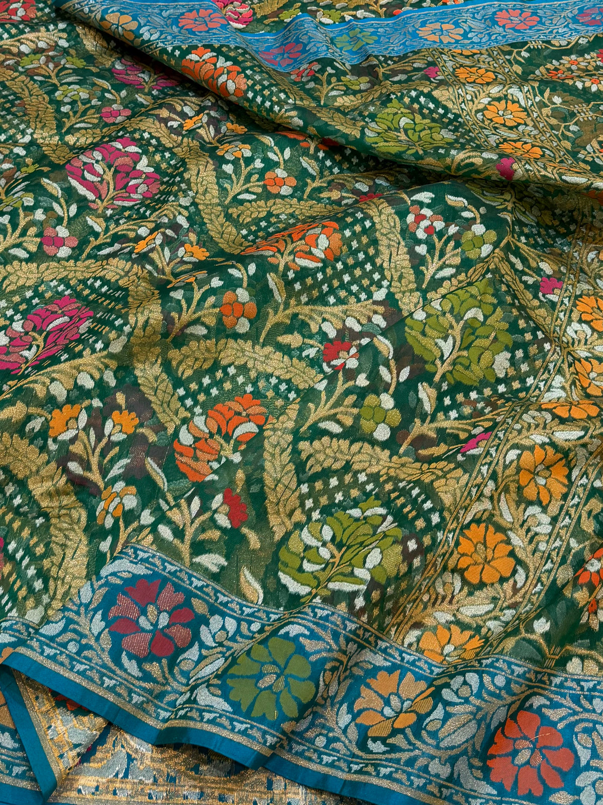 Green Pure Banarasi Ektara Kora Jamdani Saree