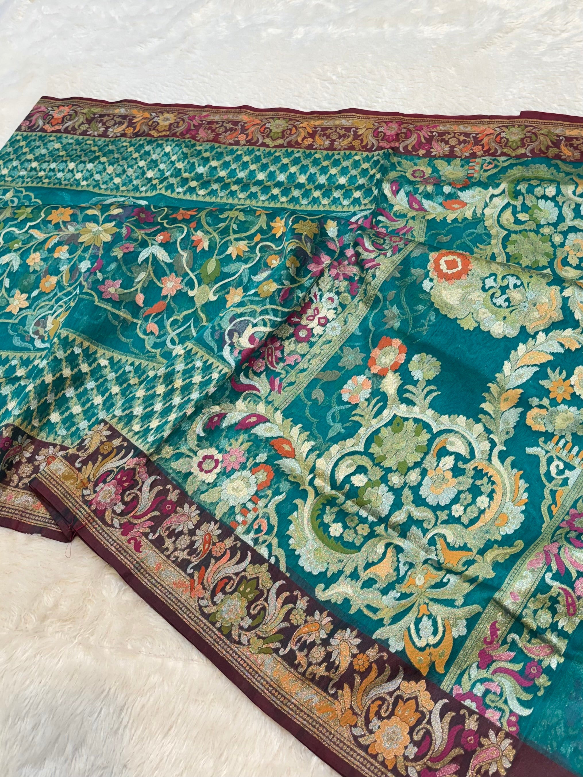 Peacock Green 100% Pure Ektara Banarasi Kora Jamdani Saree
