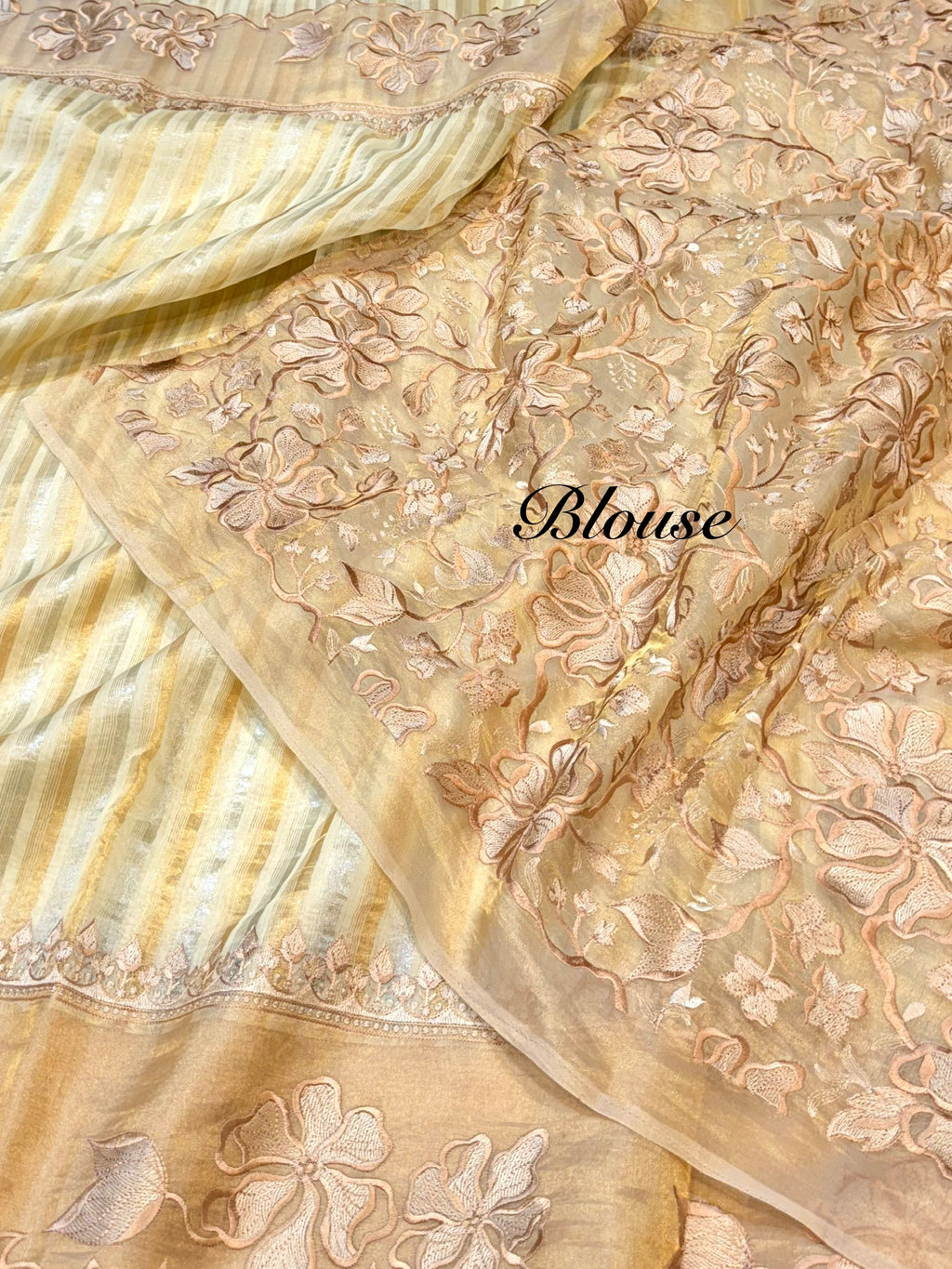 Pastel Lemon Yellow 100% Pure Handloom Stripes Tissue Silk Partywear Banarasi Embroidery Lightweight Sarees