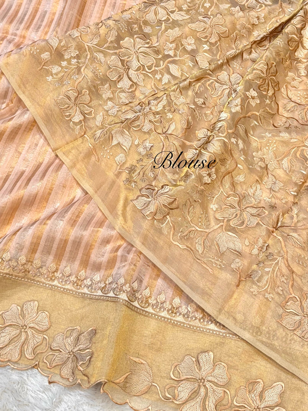 Pastel Peach 100% Pure Handloom Stripes Tissue Silk Partywear Banarasi Embroidery Lightweight Sarees