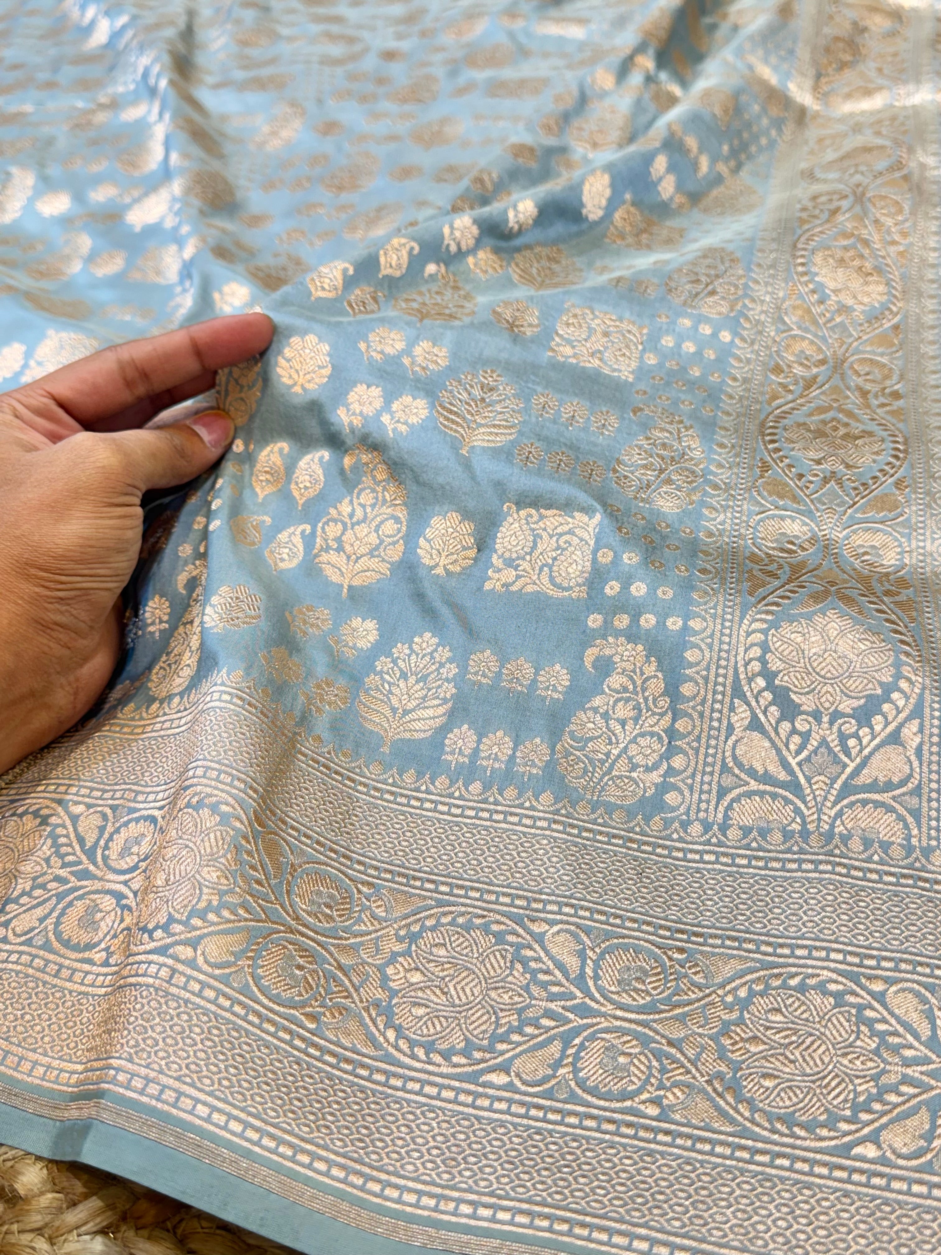 Powder Blue 100% Pure Banarasi Katan Silk Saree