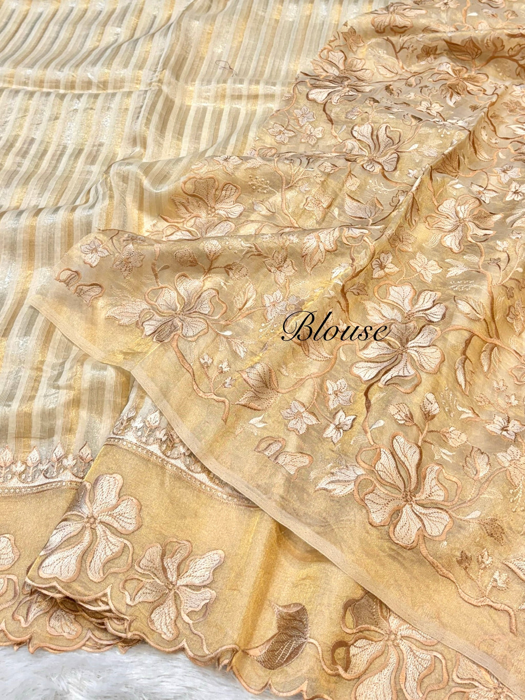 Off White 100% Pure Handloom Stripes Tissue Silk Partywear Banarasi Embroidery Lightweight Sarees