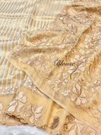 Off White 100% Pure Handloom Stripes Tissue Silk Partywear Banarasi Embroidery Lightweight Sarees
