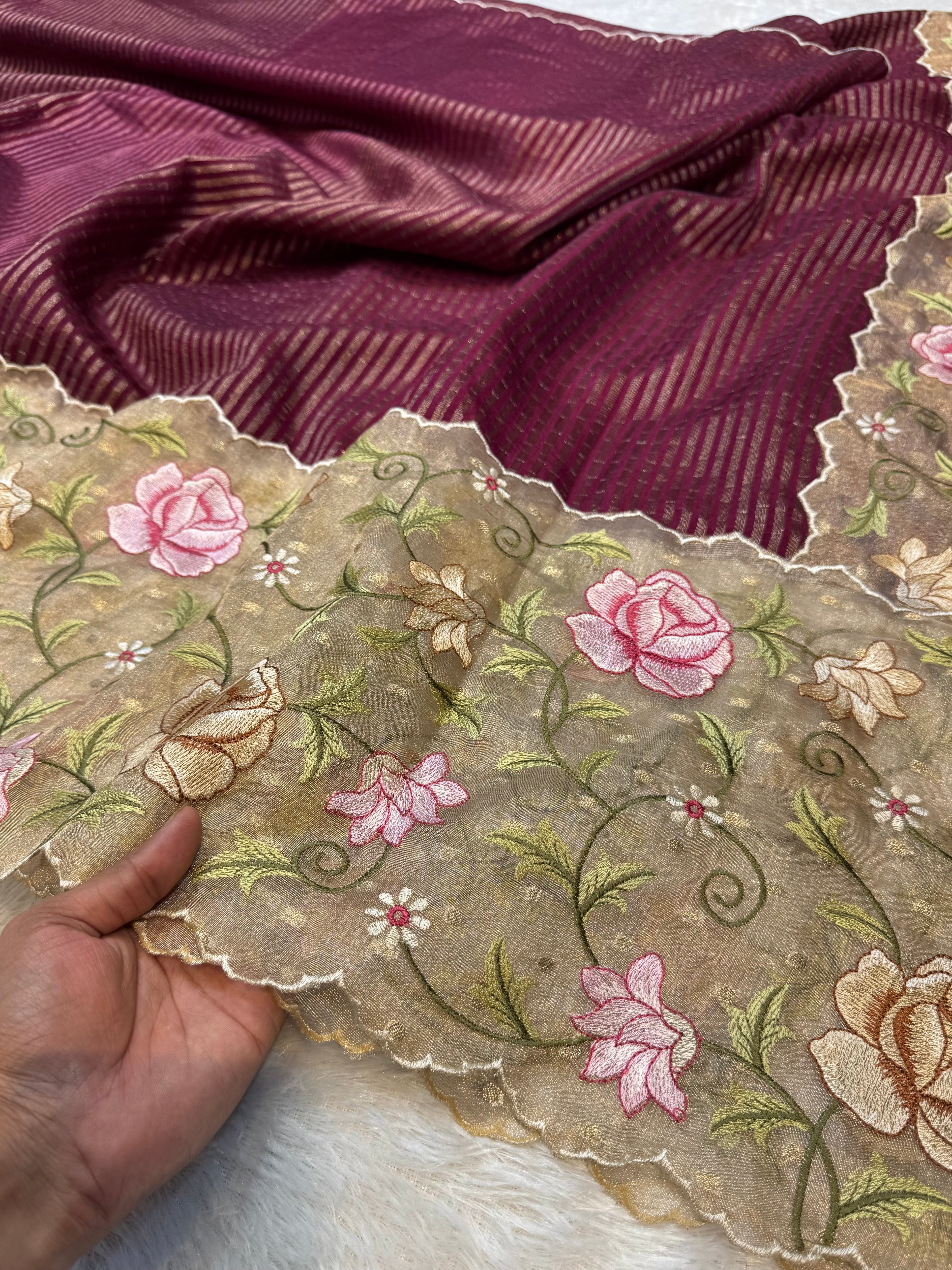 Wine Tissue Silk Partywear Banarasi Embroidery Tissue Border Lightweight Sarees
